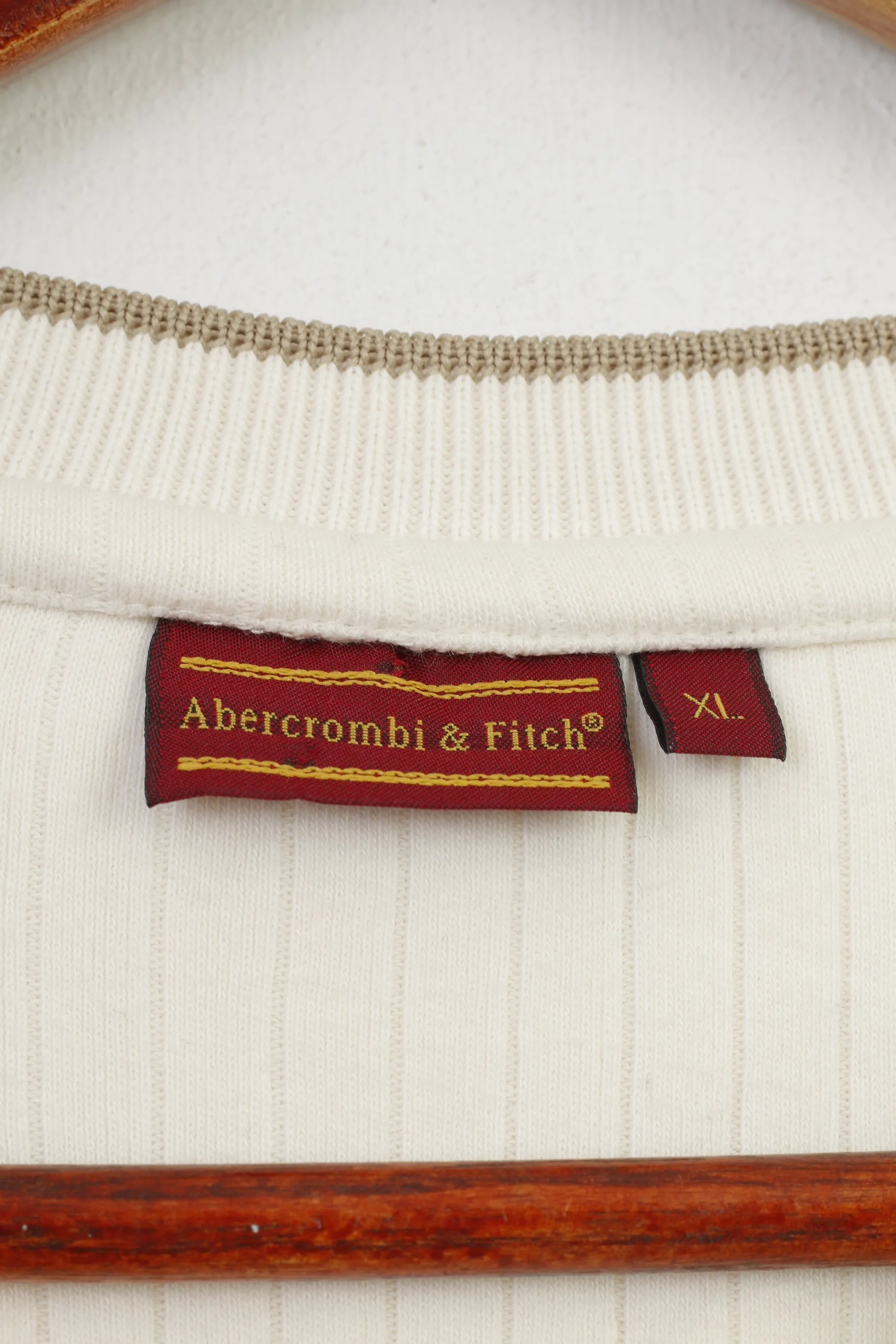 Abercrombi & Fitch Men XL Shirt V Neck Striped Cream Short Sleeve Cotton Vintage Top