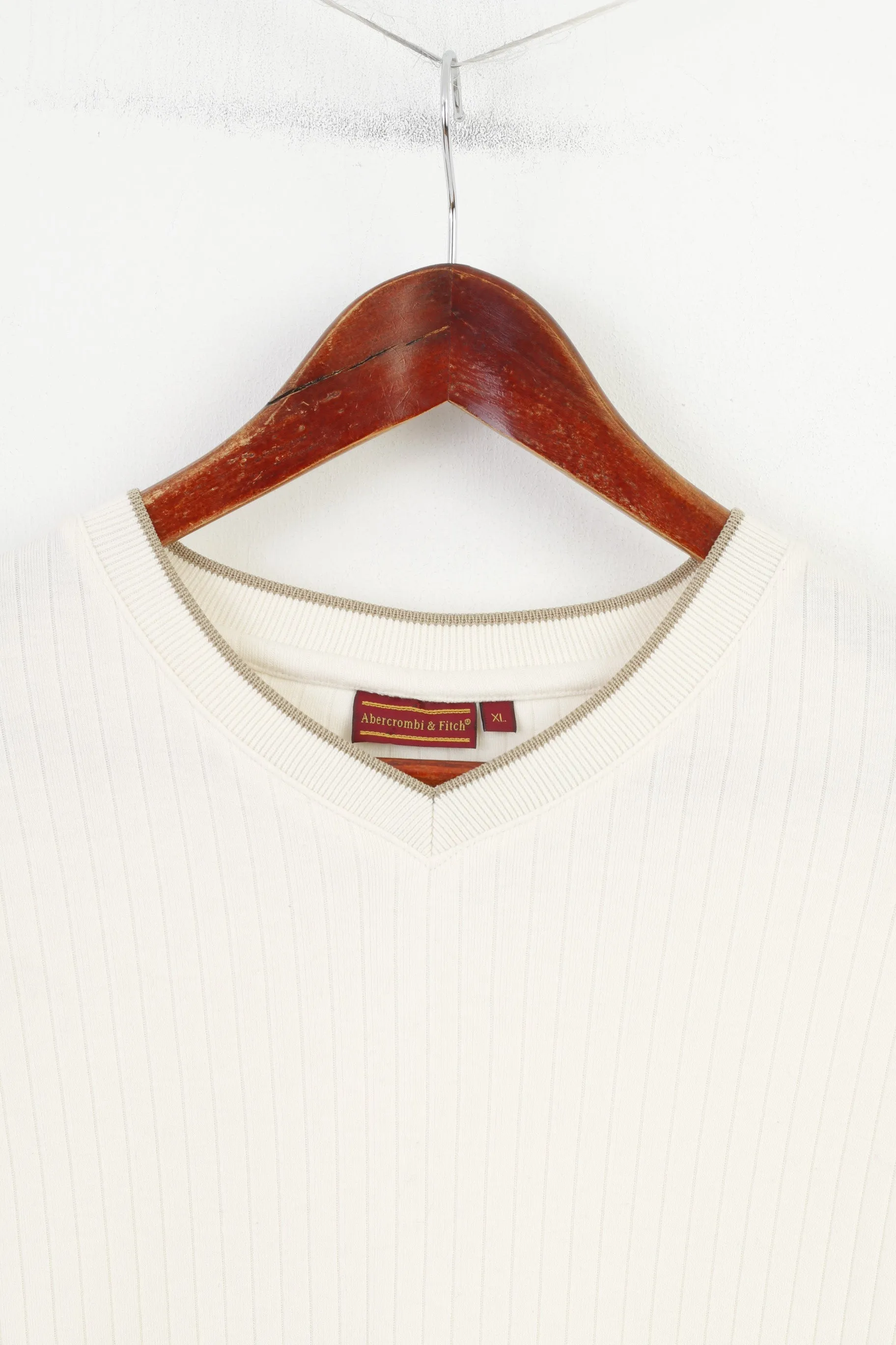 Abercrombi & Fitch Men XL Shirt V Neck Striped Cream Short Sleeve Cotton Vintage Top