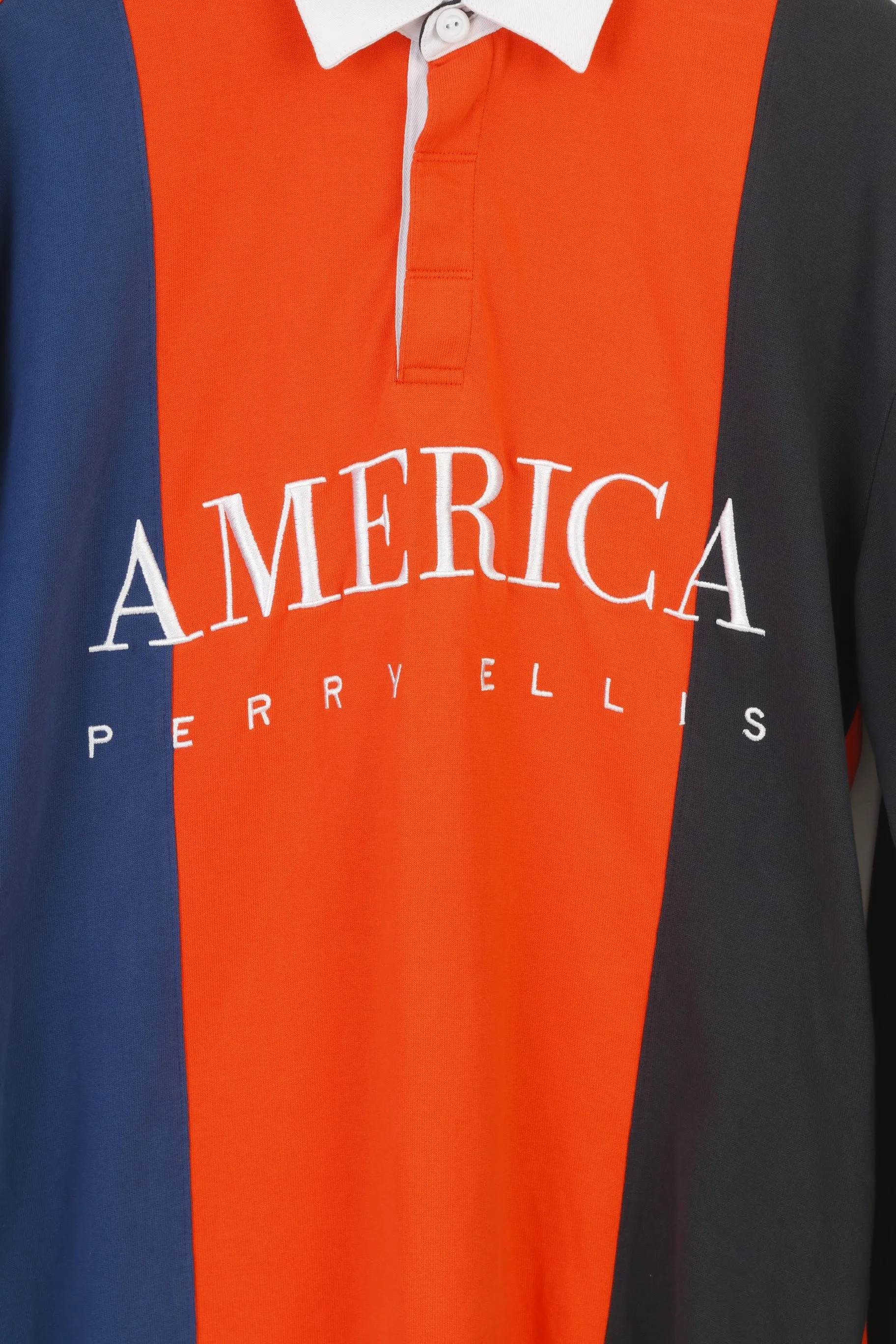 America Perry Ellis Men M Polo Shirt Long Sleeve Collar Orange Striped Cotton Vintage Top