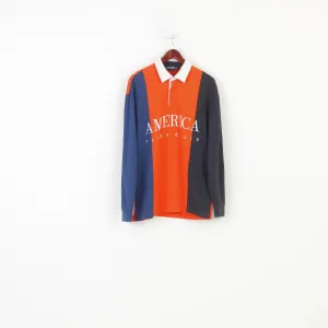 America Perry Ellis Men M Polo Shirt Long Sleeve Collar Orange Striped Cotton Vintage Top