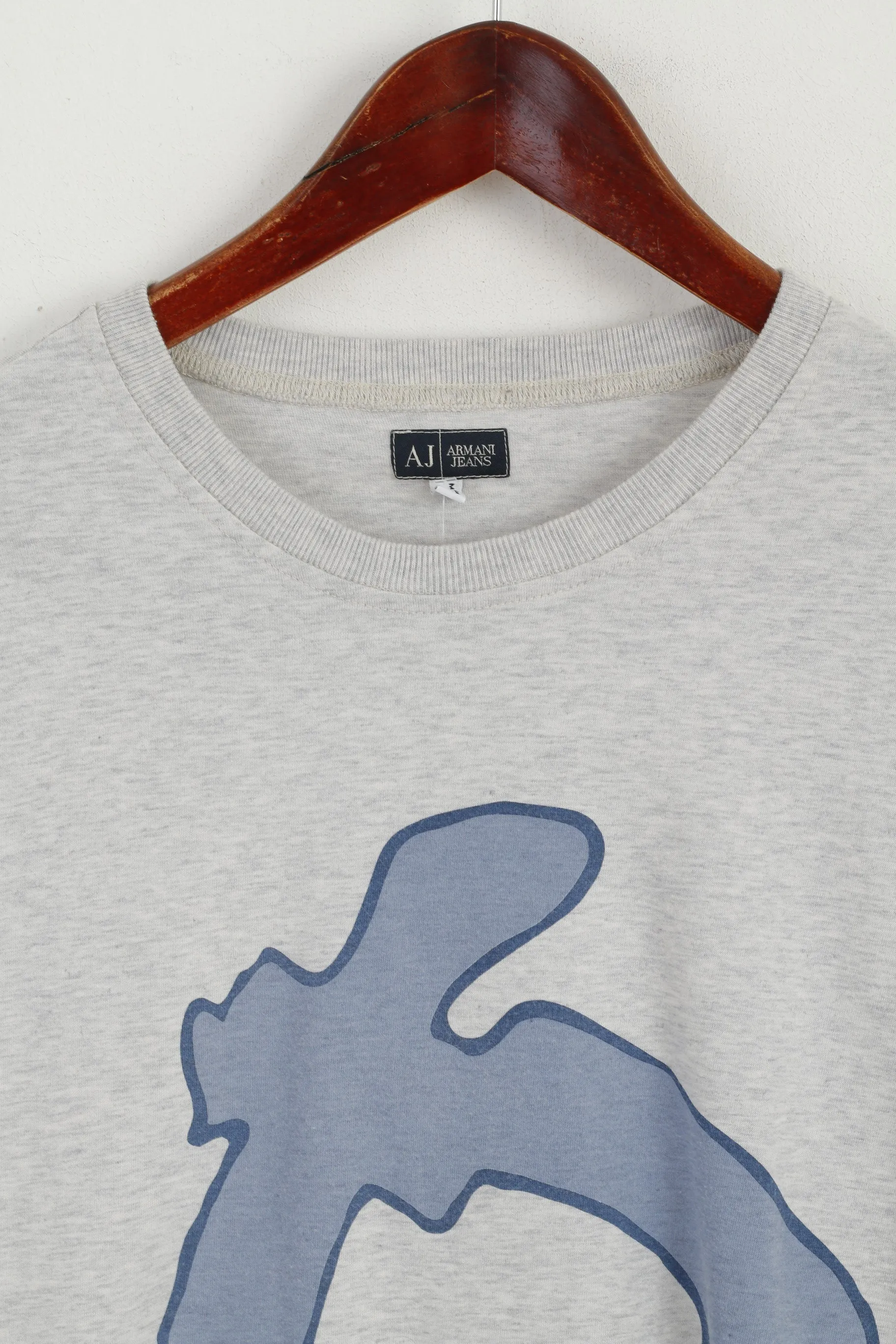 Armani Jeans Men L (S) Shirt Grey Graphic AJ Cotton Summer Crew Neck Top