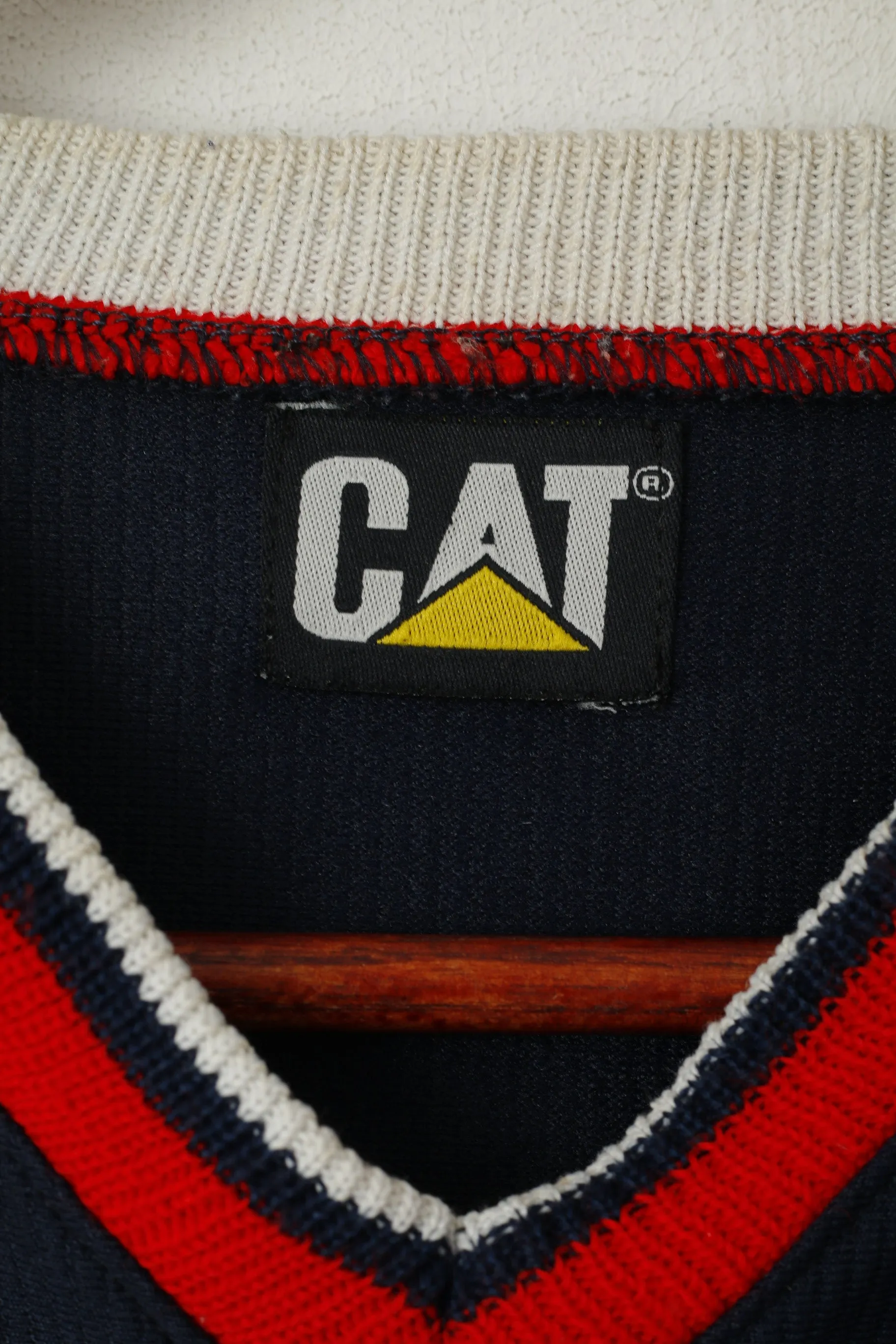 CAT Men M Shirt Navy Shiny Retro Long Sleeve V Neck Workwear Top