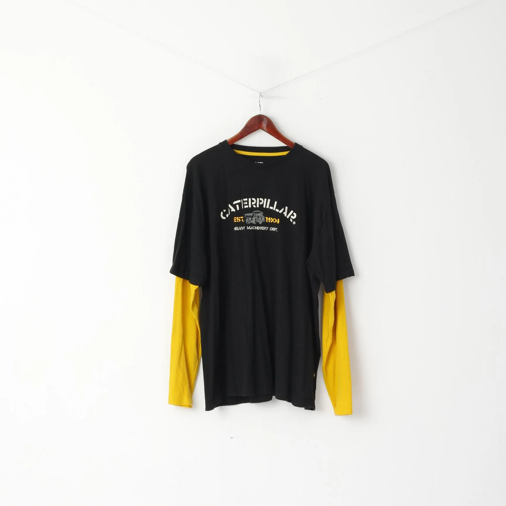 Caterpillar Cat Men 2XL Shirt Long Sleeve Black Yellow Graphic Cotton Top