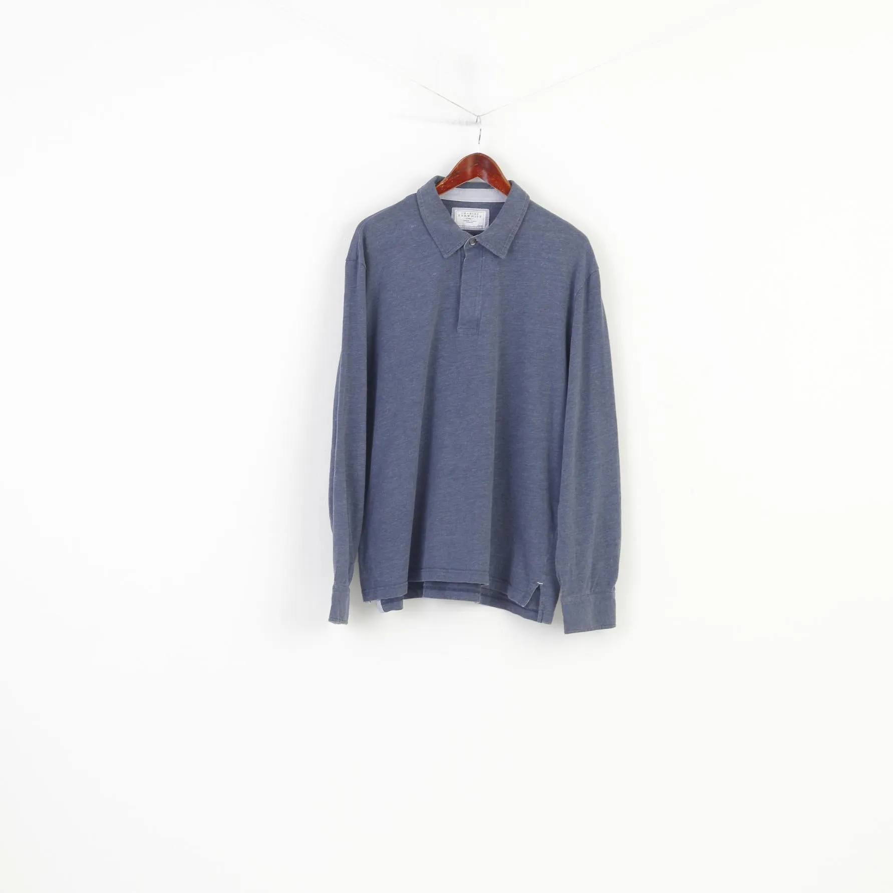 Charles Tyrwhitt Men XL Polo Shirt Blue Cotton Detailed Buttons  Long Sleeve Vintage Top