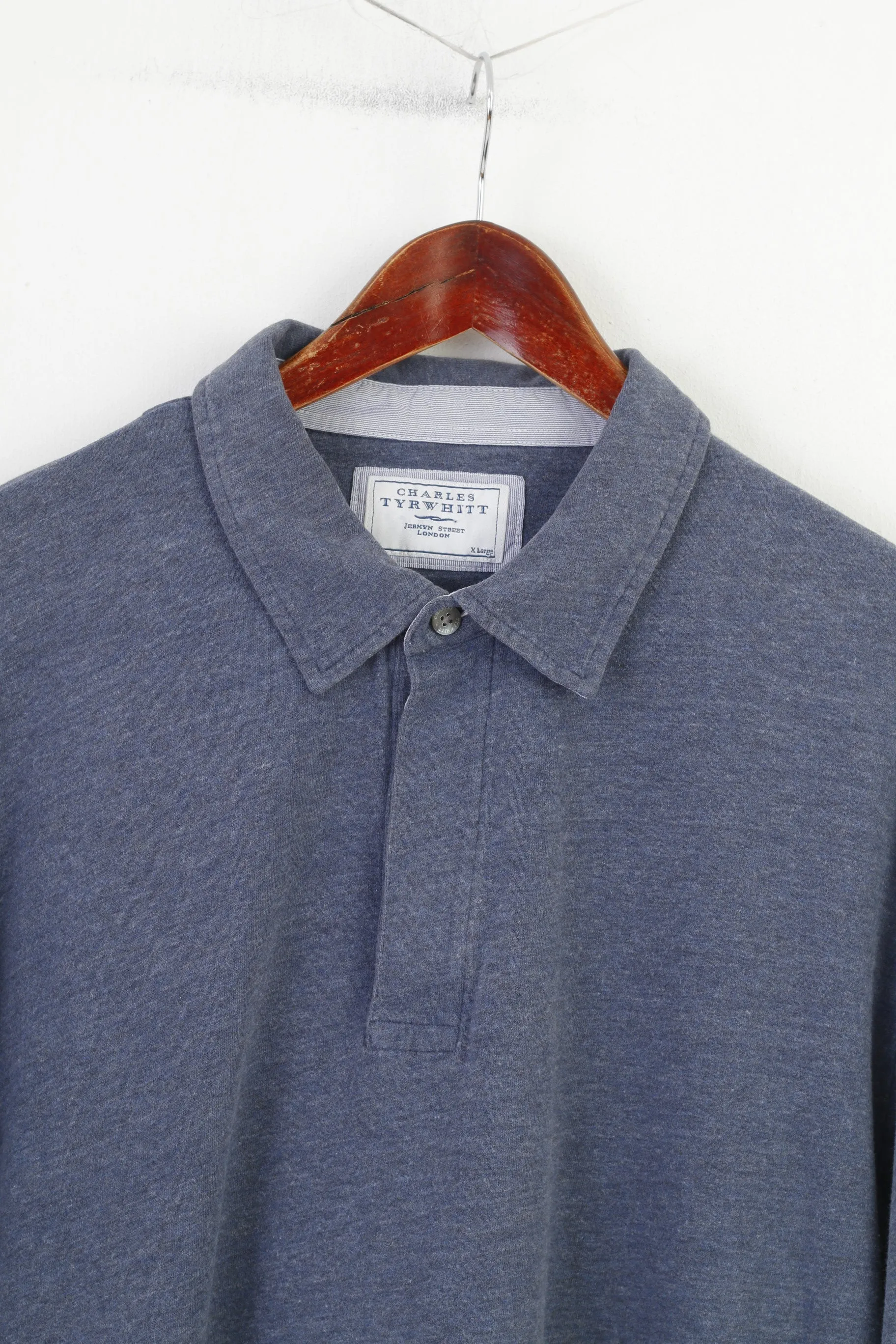 Charles Tyrwhitt Men XL Polo Shirt Blue Cotton Detailed Buttons  Long Sleeve Vintage Top
