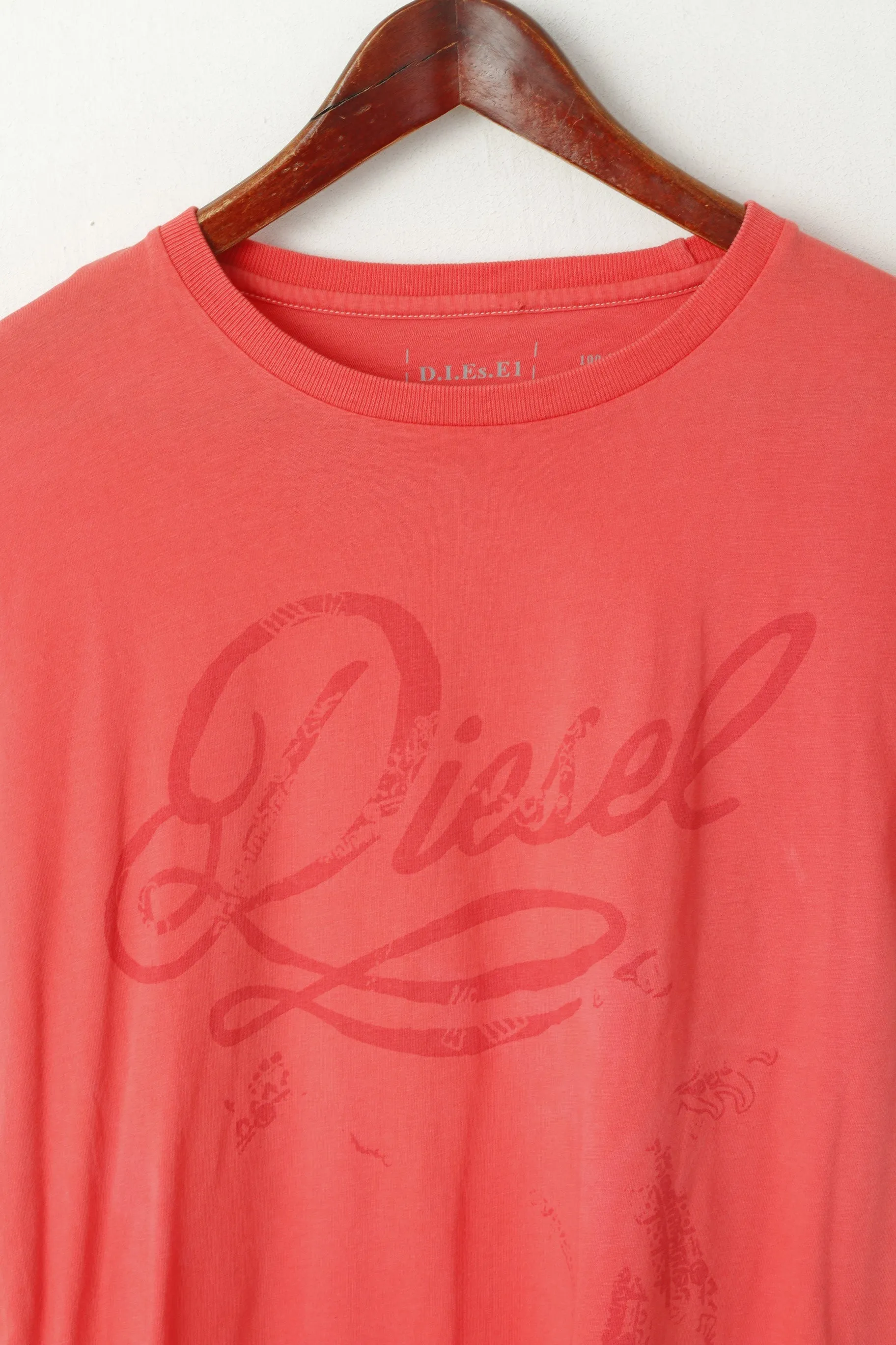 Diesel Men M Shirt Peach Cotton Graphic Crew Neck Slim Fit Top