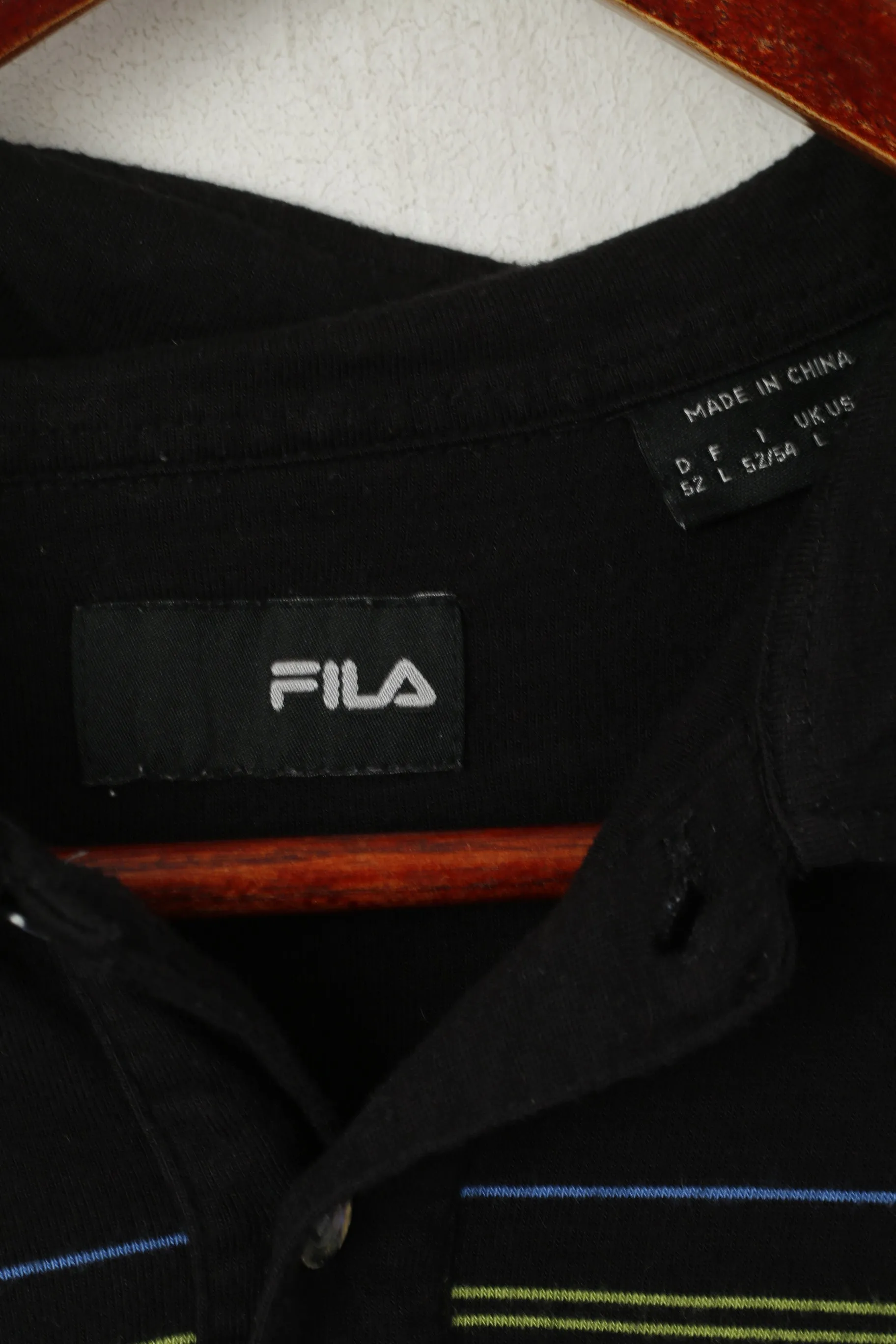 Fila Men L Polo Shirt Black Cotton Stretch Striped Detailed Buttons Vintage Top