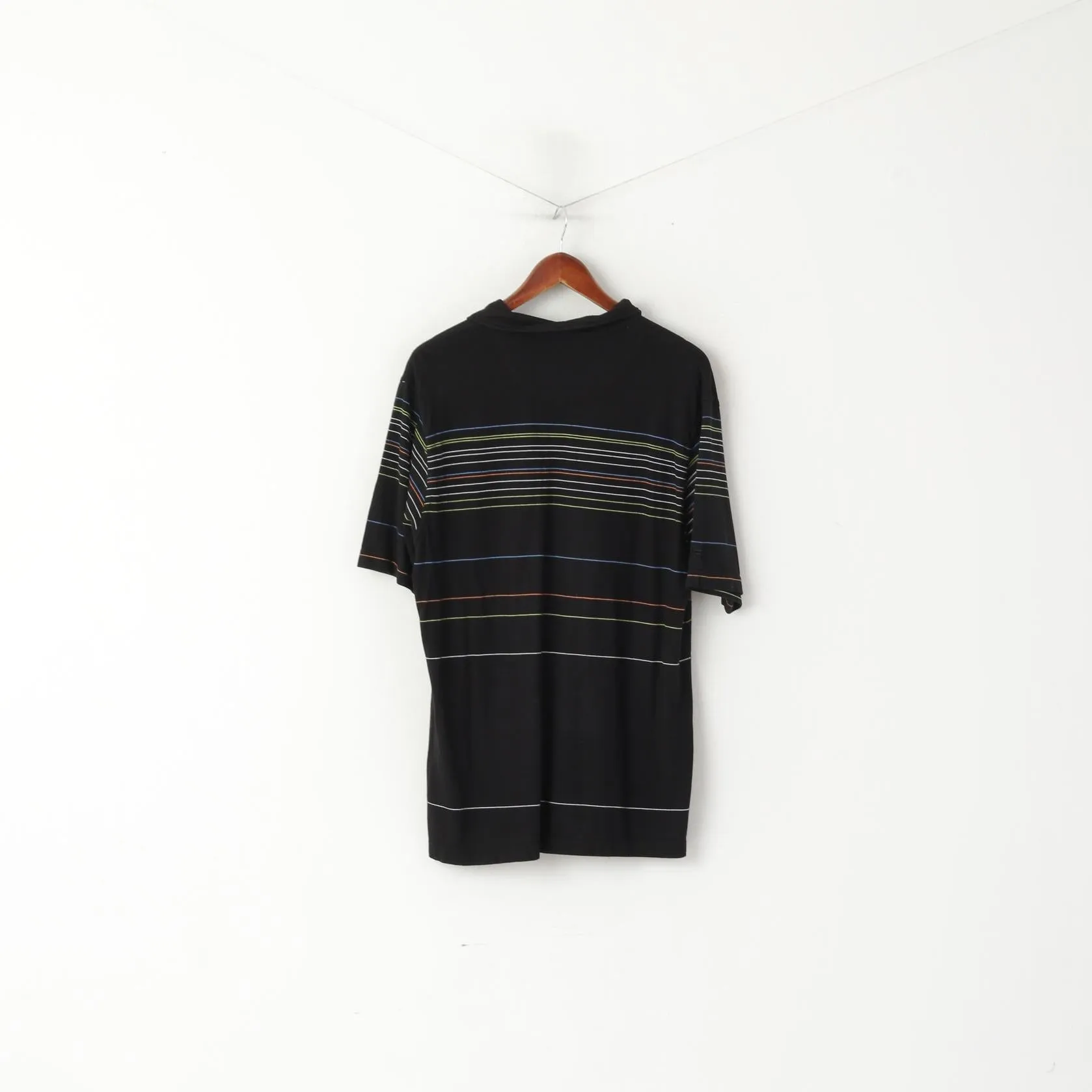 Fila Men L Polo Shirt Black Cotton Stretch Striped Detailed Buttons Vintage Top