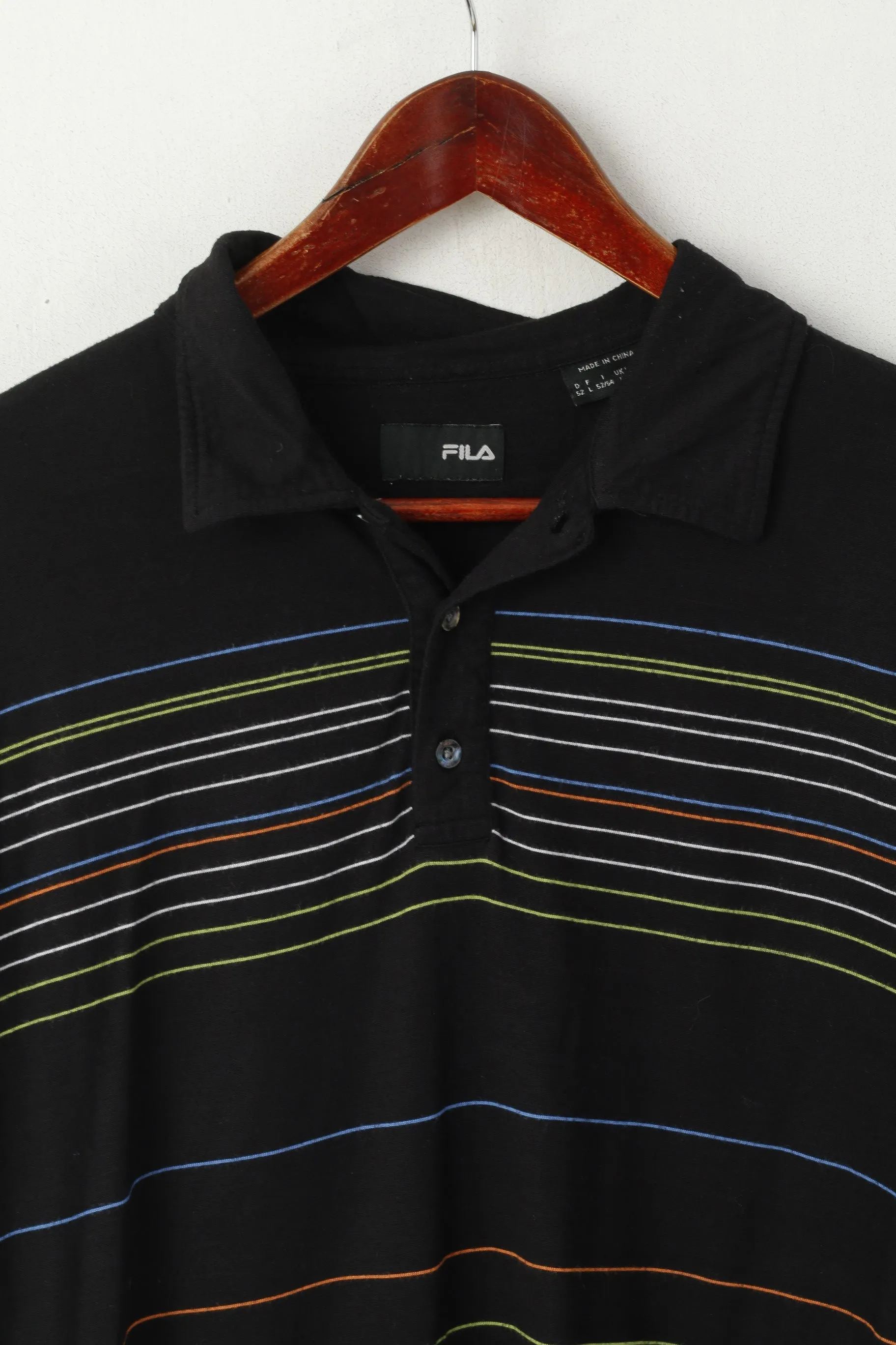 Fila Men L Polo Shirt Black Cotton Stretch Striped Detailed Buttons Vintage Top