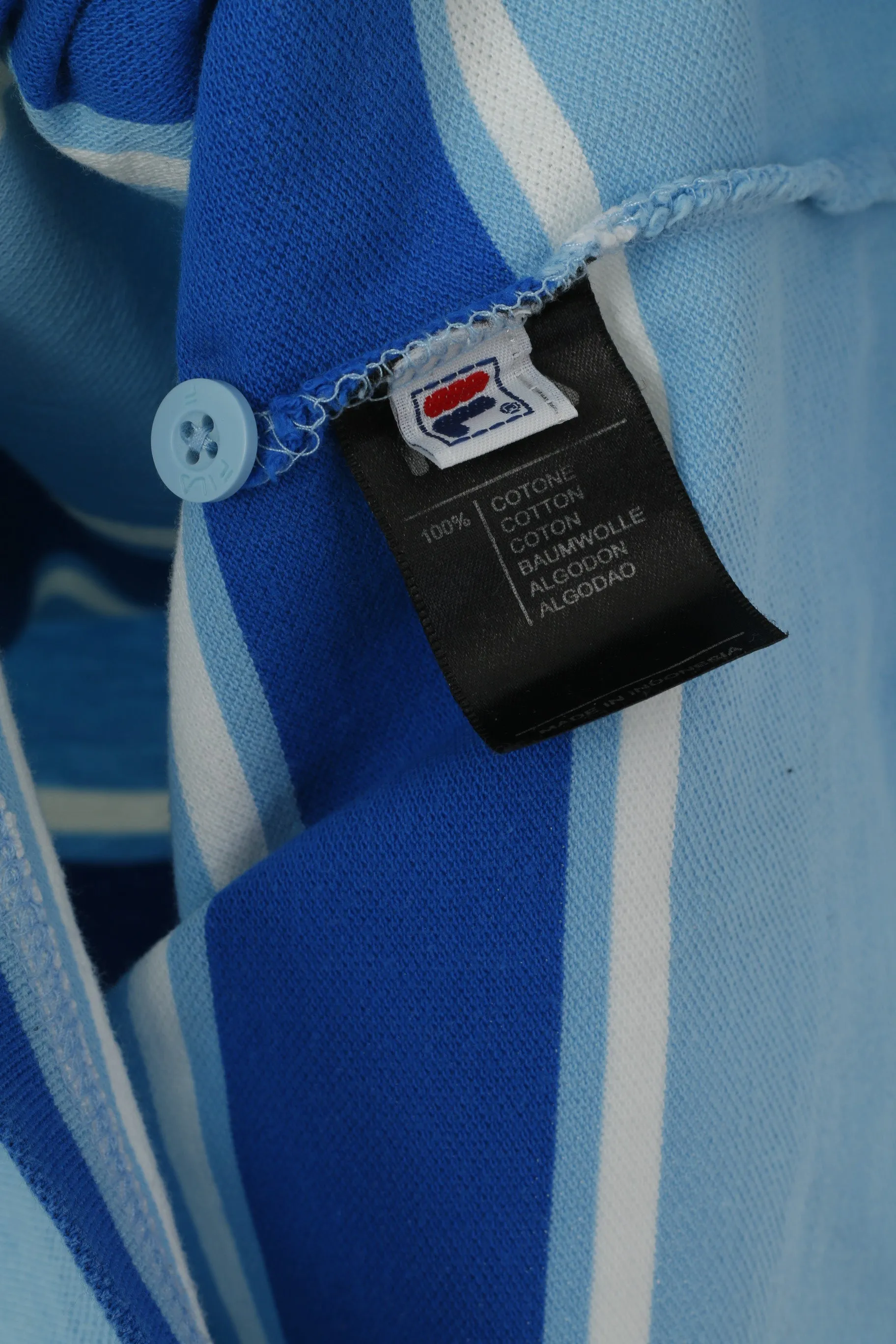 FILA Men M Polo Shirt Blue 100% Cotton Striped Slim Fit Detailed Buttons Classic Top