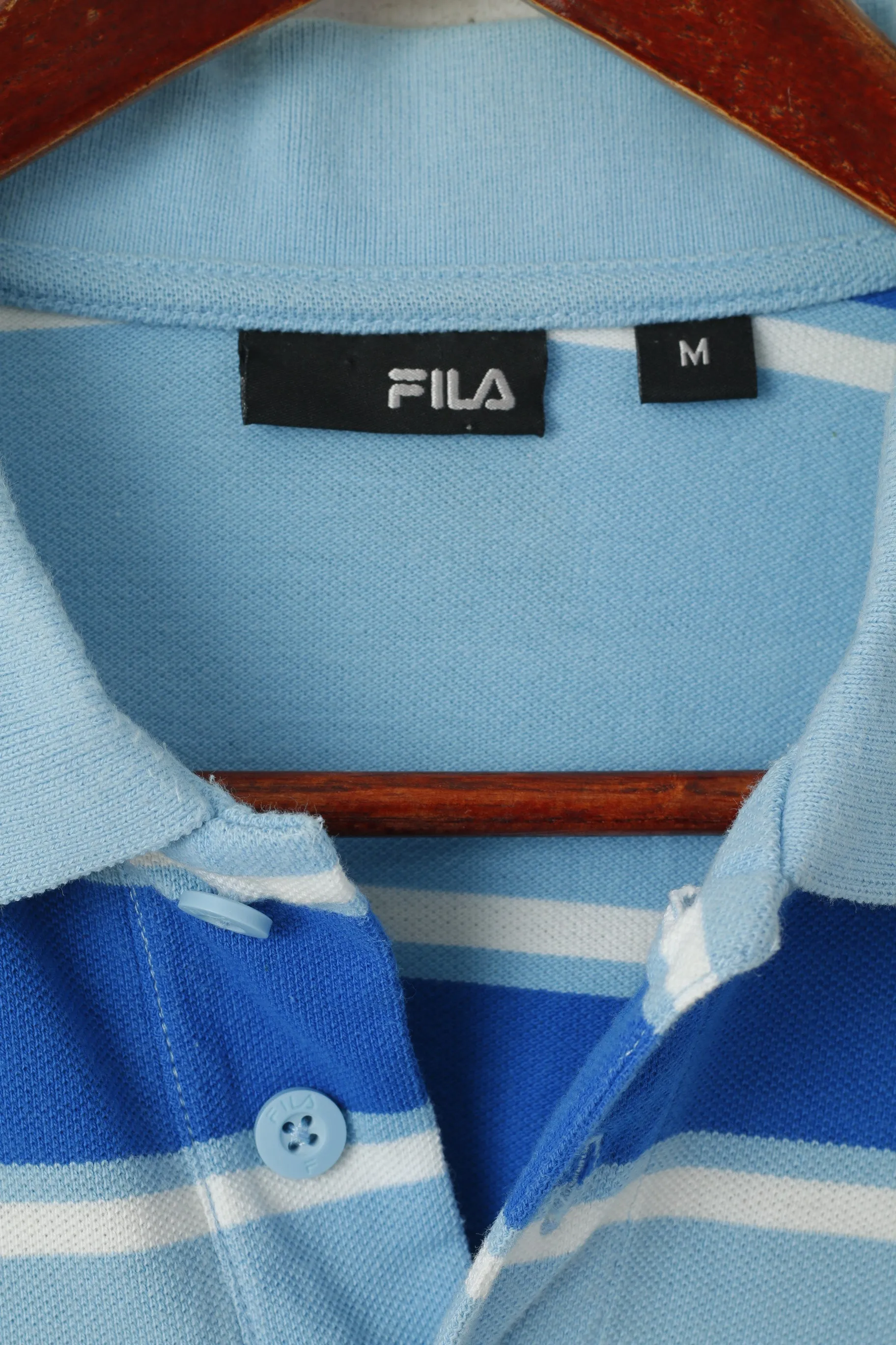 FILA Men M Polo Shirt Blue 100% Cotton Striped Slim Fit Detailed Buttons Classic Top