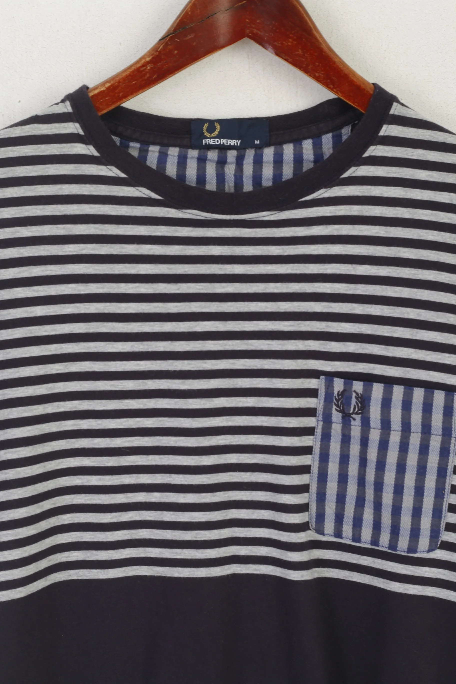 Fred Perry Men M (S) Shirt Navy Cotton Striped Pocket Classic Crew Neck Marine Top