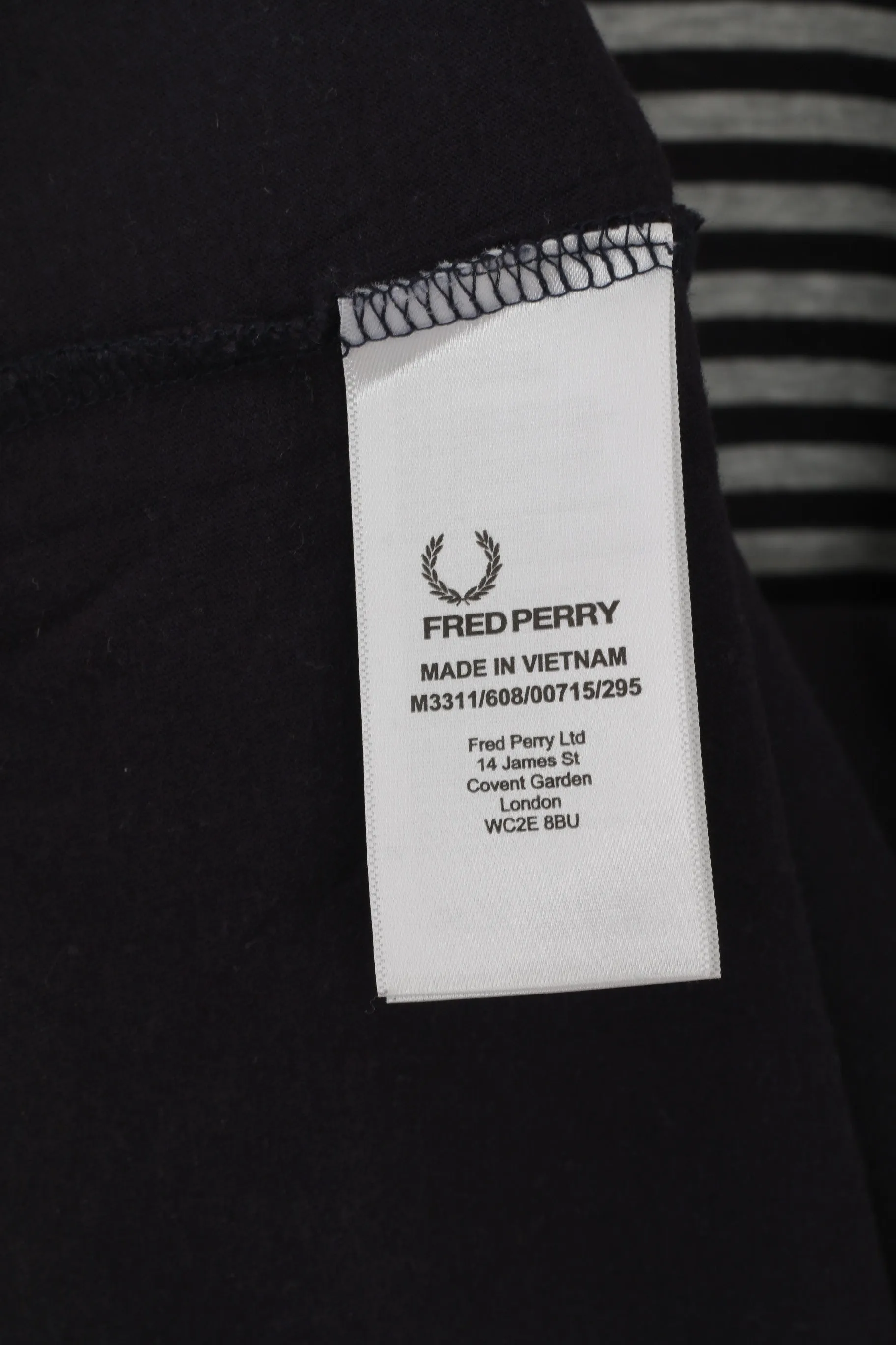 Fred Perry Men M (S) Shirt Navy Cotton Striped Pocket Classic Crew Neck Marine Top