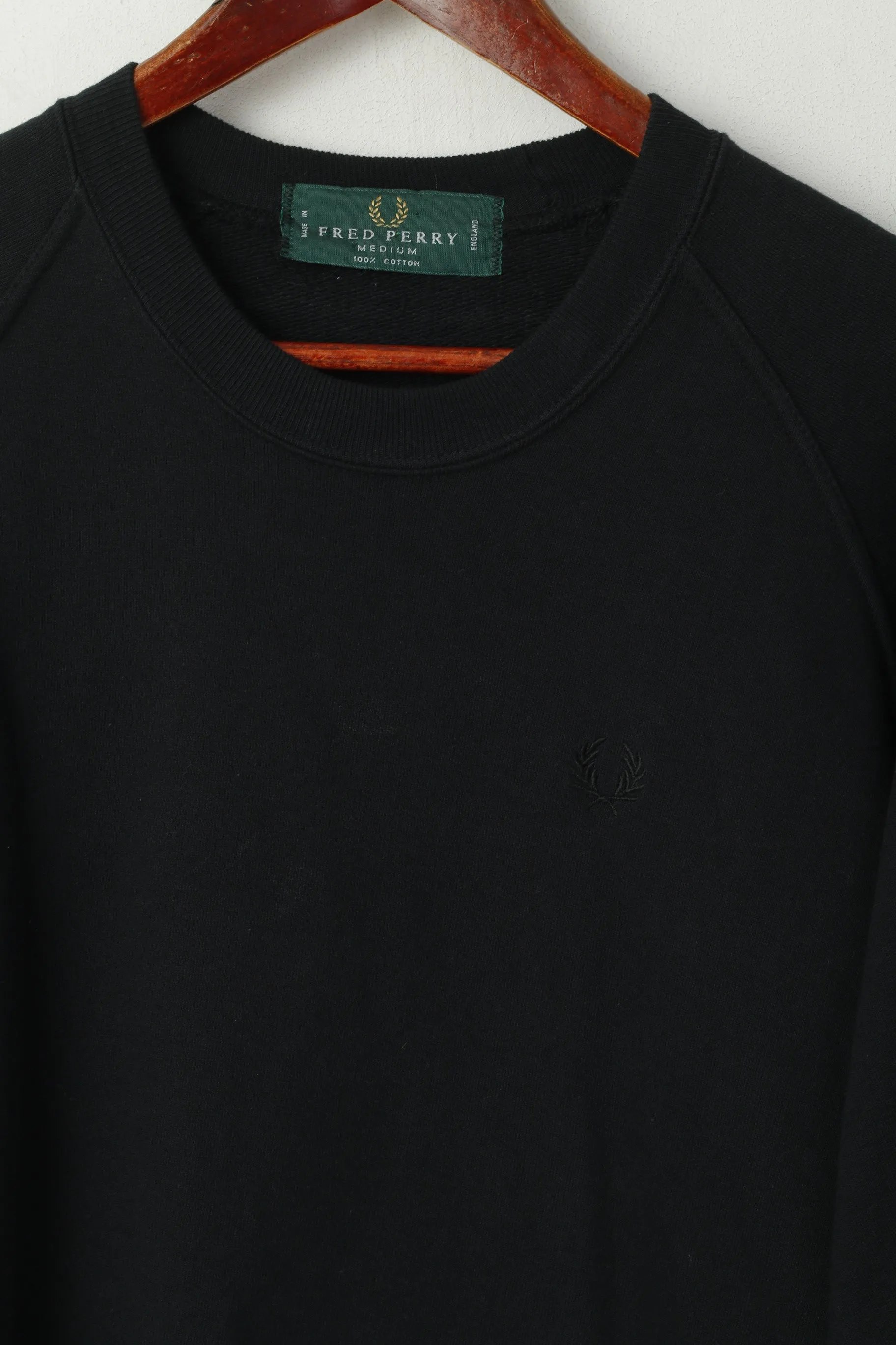 Fred Perry Men M Shirt Black 100% Cotton Heavy Sweat Crew Neck Vintage Top