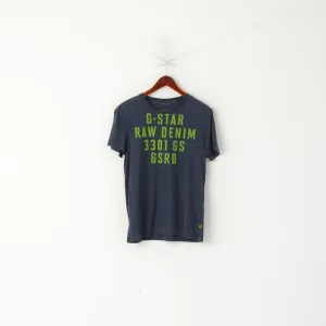 G-Star Raw Denim Men S Shirt Navy Cotton Green Logo Crew Neck Short Sleeve Top