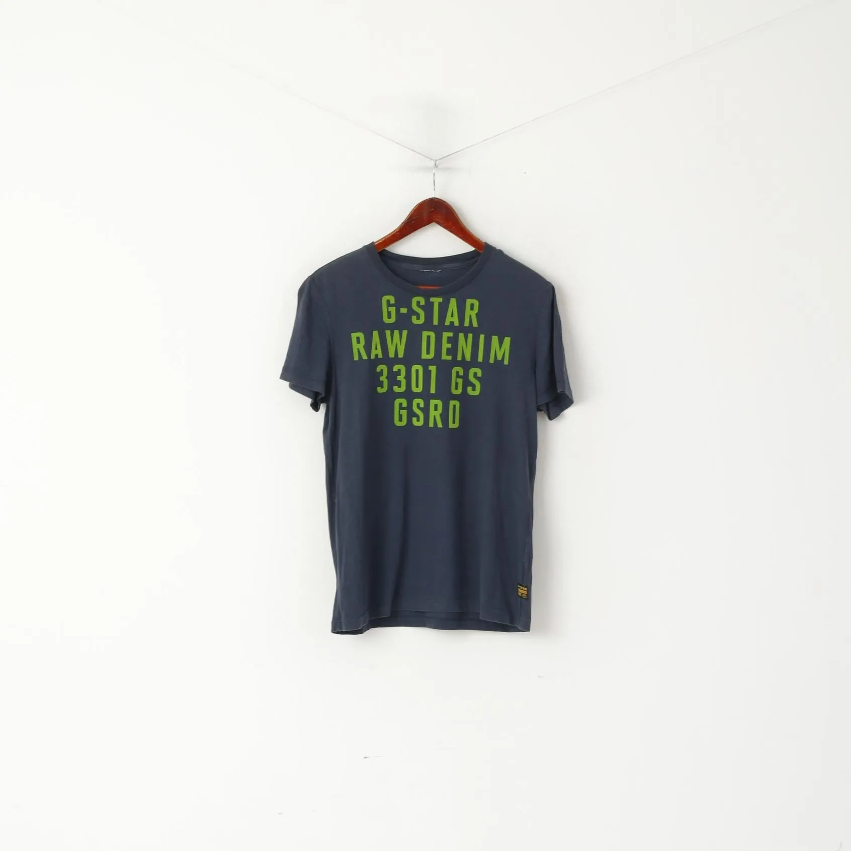 G-Star Raw Denim Men S Shirt Navy Cotton Green Logo Crew Neck Short Sleeve Top