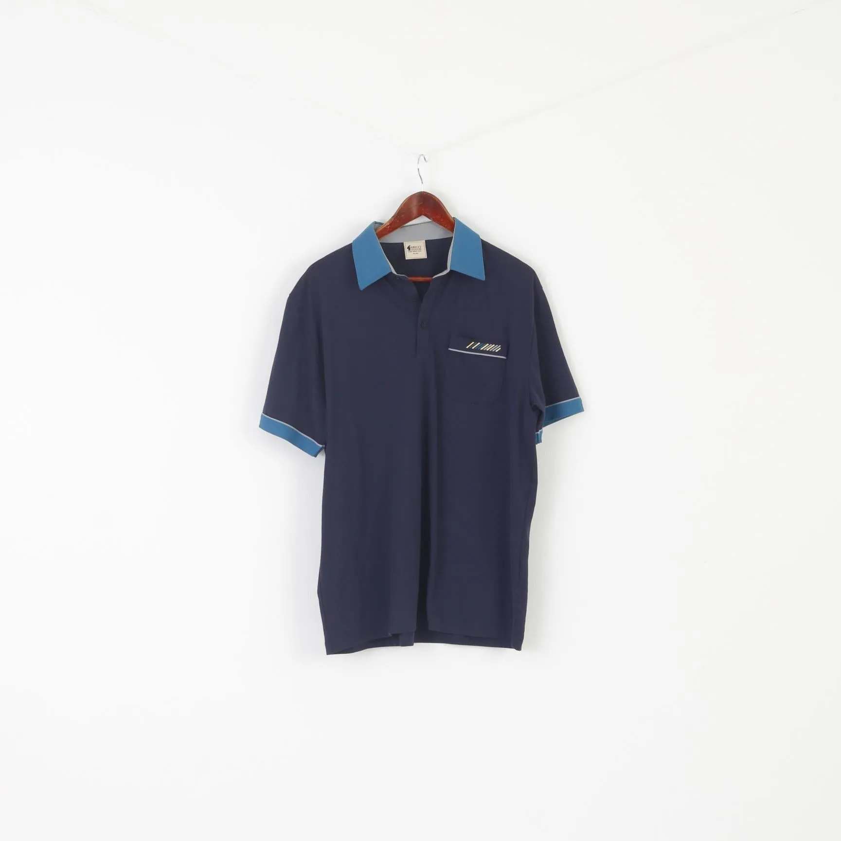 Gabicci Collezione Men L Polo Shirt Navy Cotton Pocket Retro Style Design Top