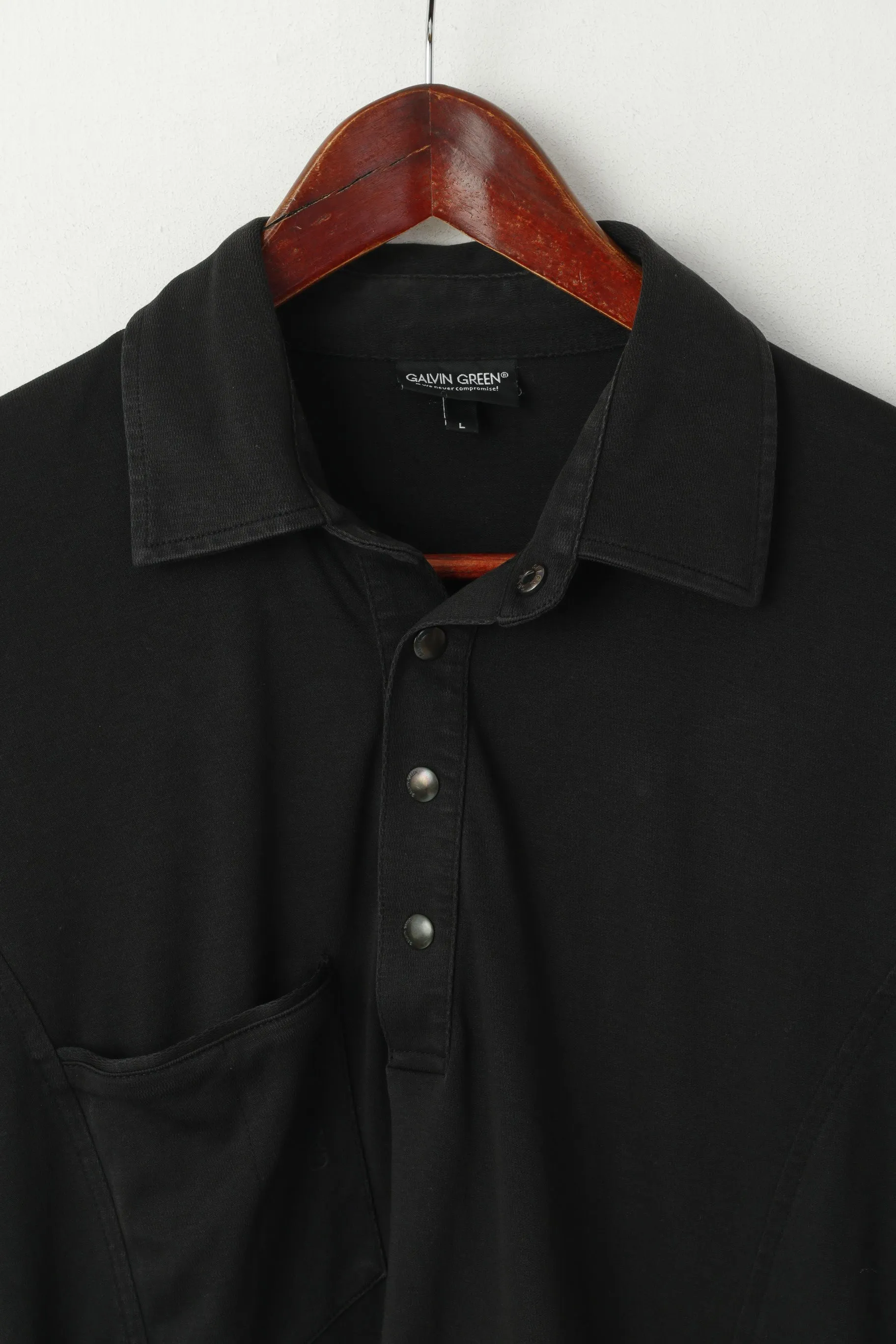 Galvin Green Men L Polo Shirt Black Cotton Pocket Golf Activewear Snap Neck Top
