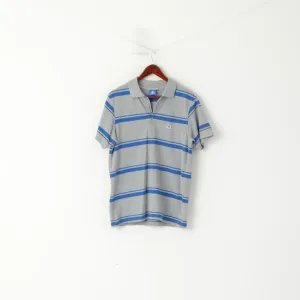Le Coq Sportif Men M Polo Shirt Grey Blue Striped Cotton Detailed Buttons Top