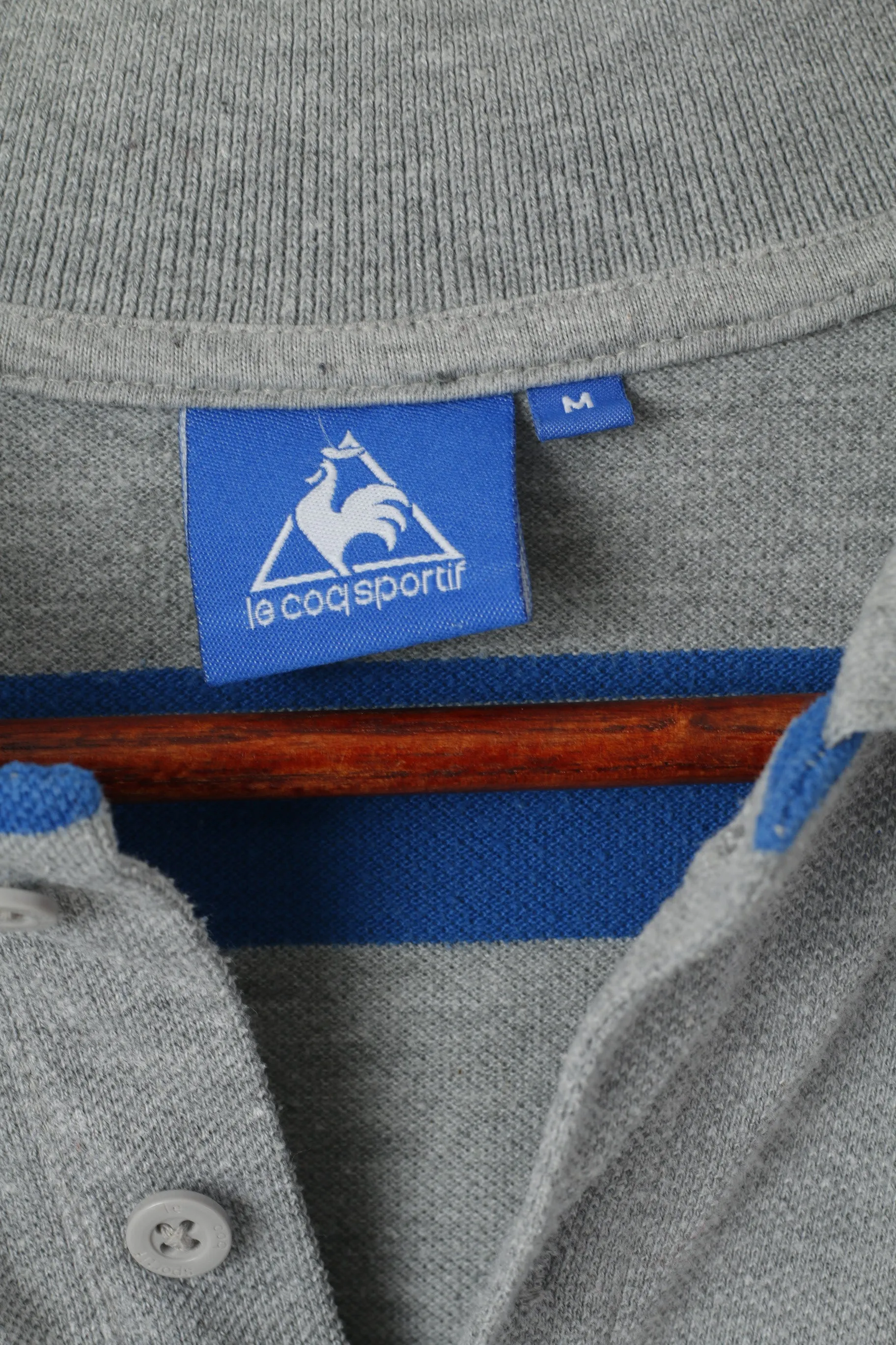 Le Coq Sportif Men M Polo Shirt Grey Blue Striped Cotton Detailed Buttons Top