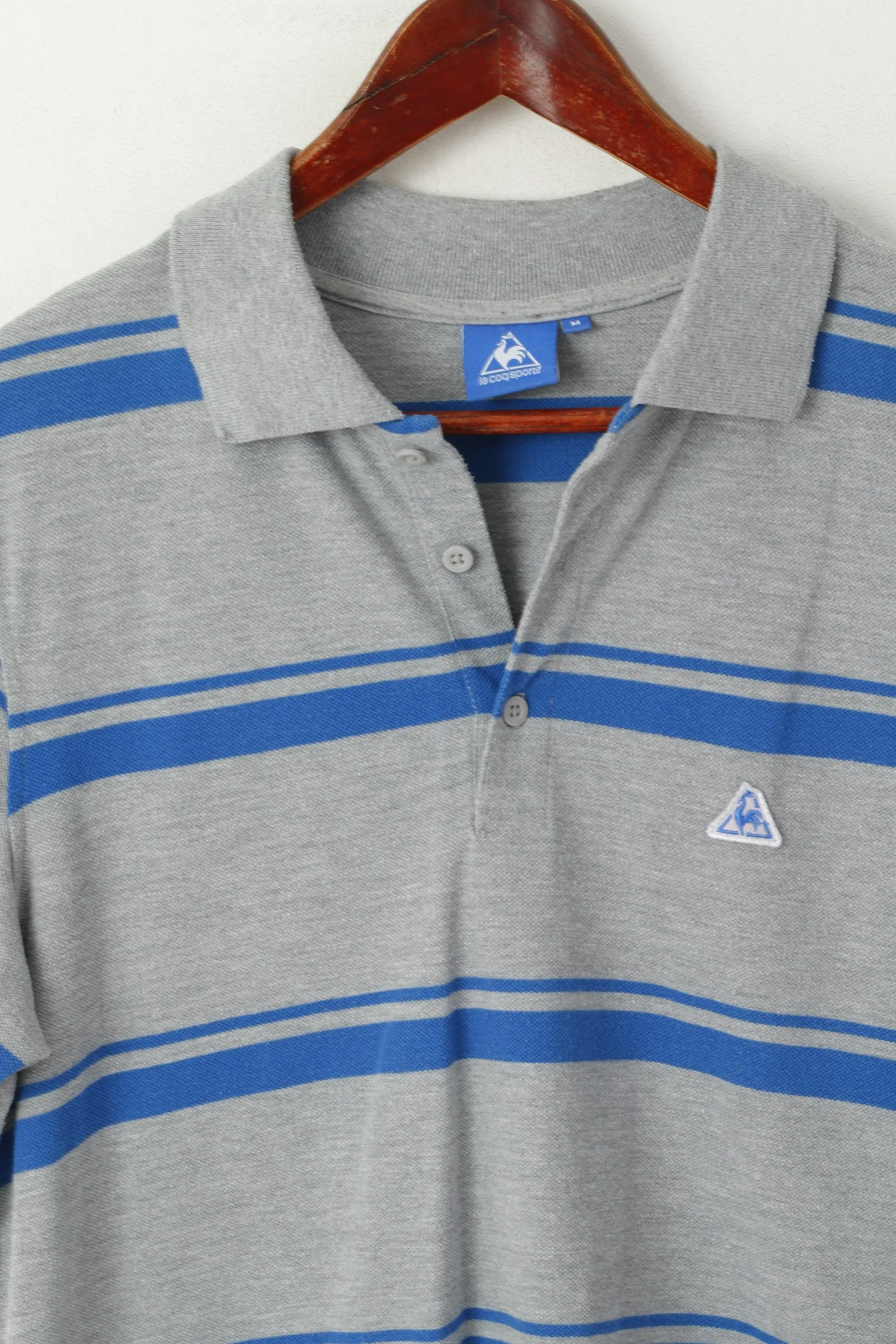 Le Coq Sportif Men M Polo Shirt Grey Blue Striped Cotton Detailed Buttons Top