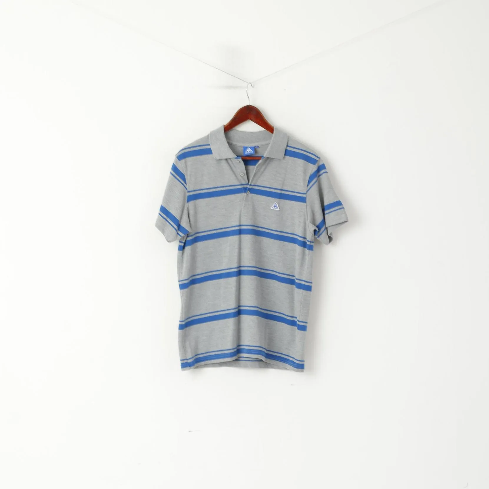 Le Coq Sportif Men M Polo Shirt Grey Blue Striped Cotton Detailed Buttons Top