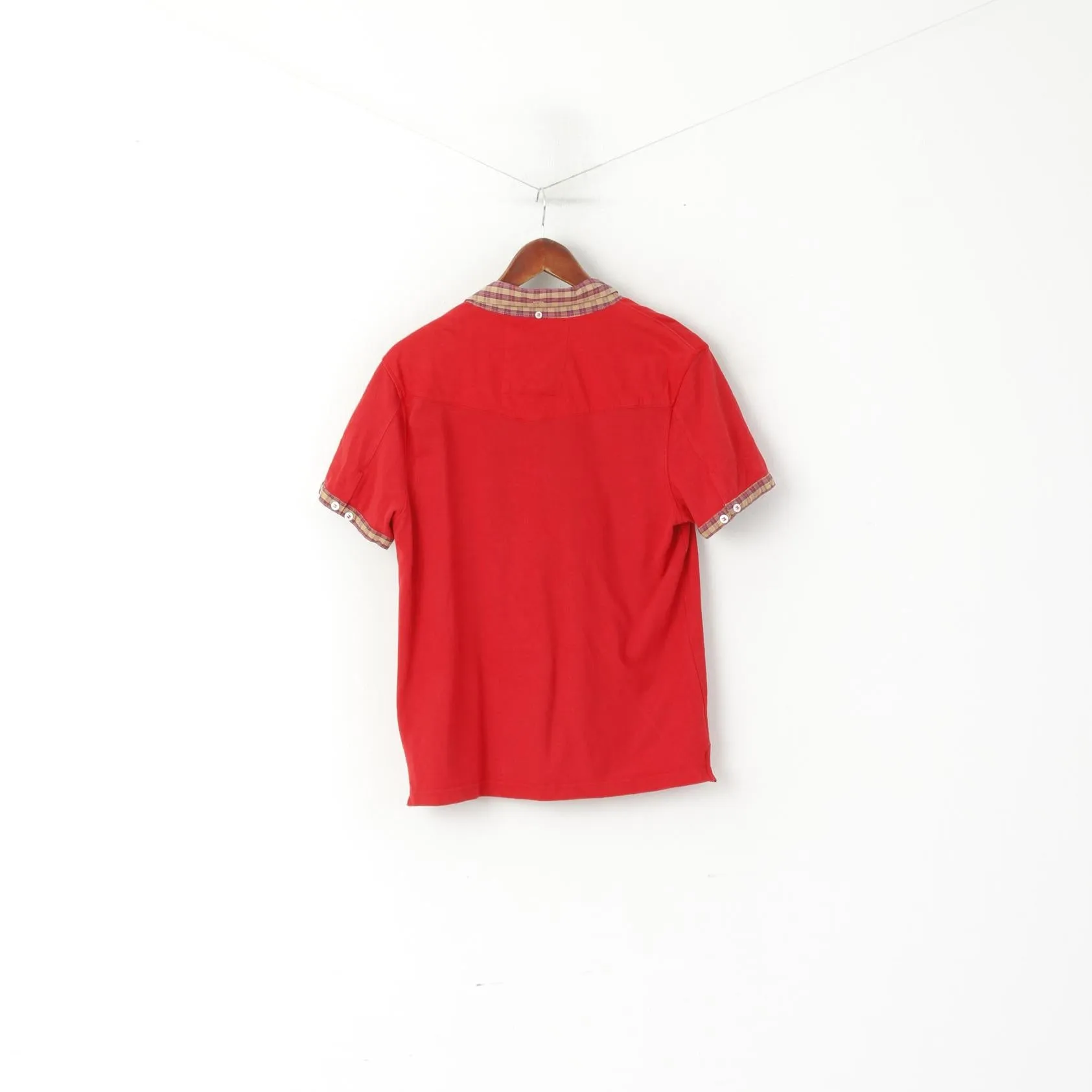 Luke 1977 Men L (M) Polo Shirt Red Cotton Checkered Collar Slim Fit Top