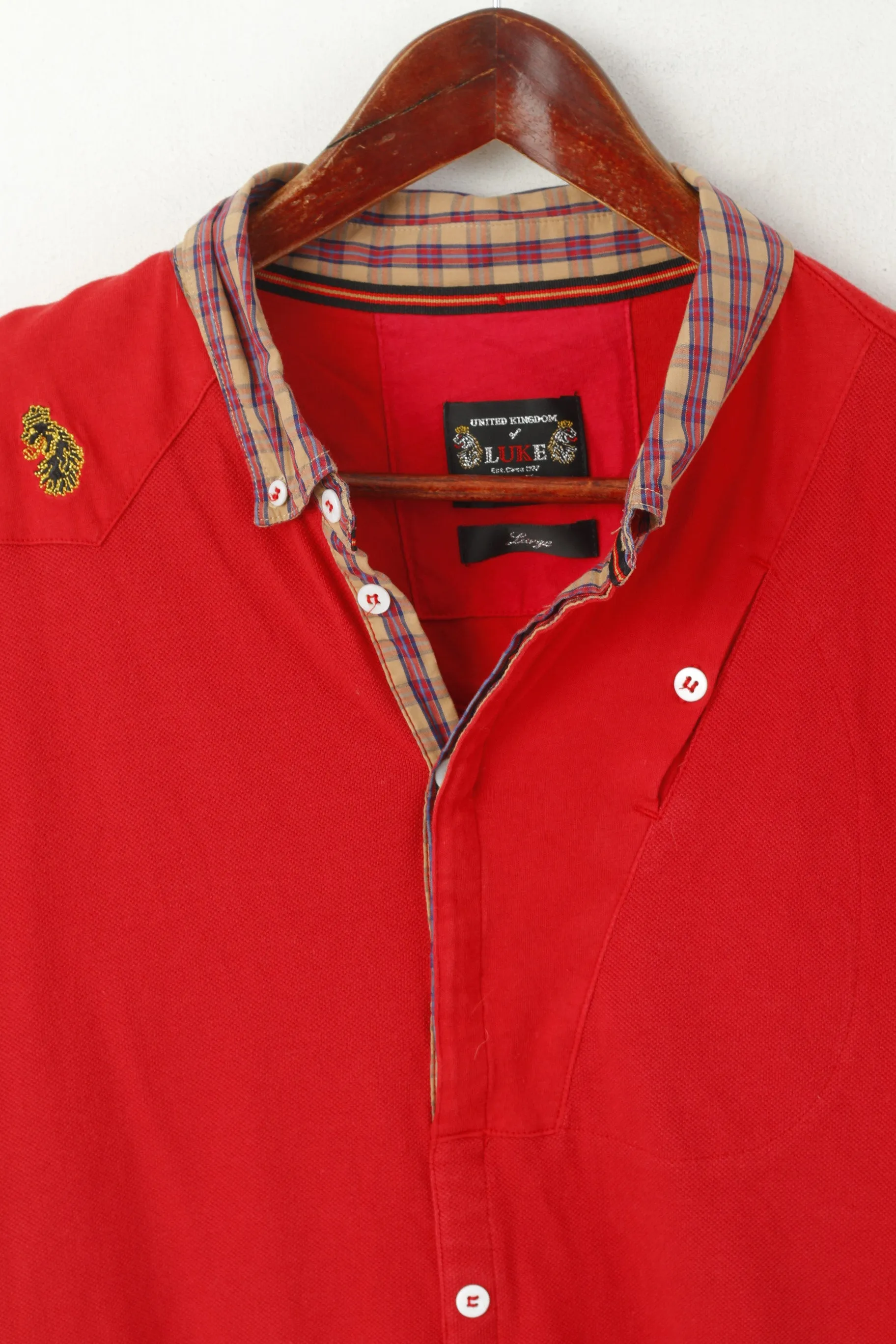 Luke 1977 Men L (M) Polo Shirt Red Cotton Checkered Collar Slim Fit Top