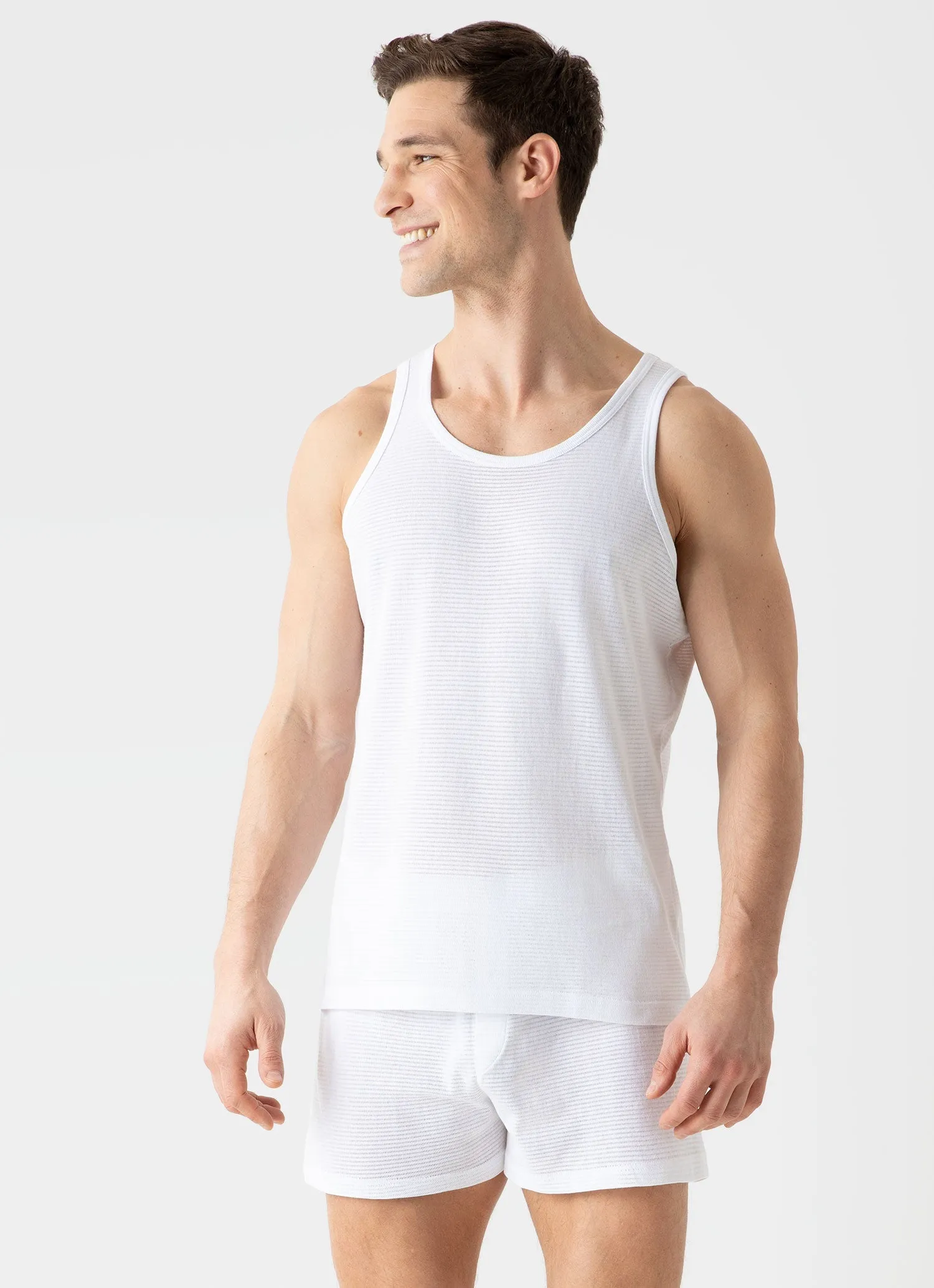 Men's Cellular Cotton Underwear Vest in White Sunspel
