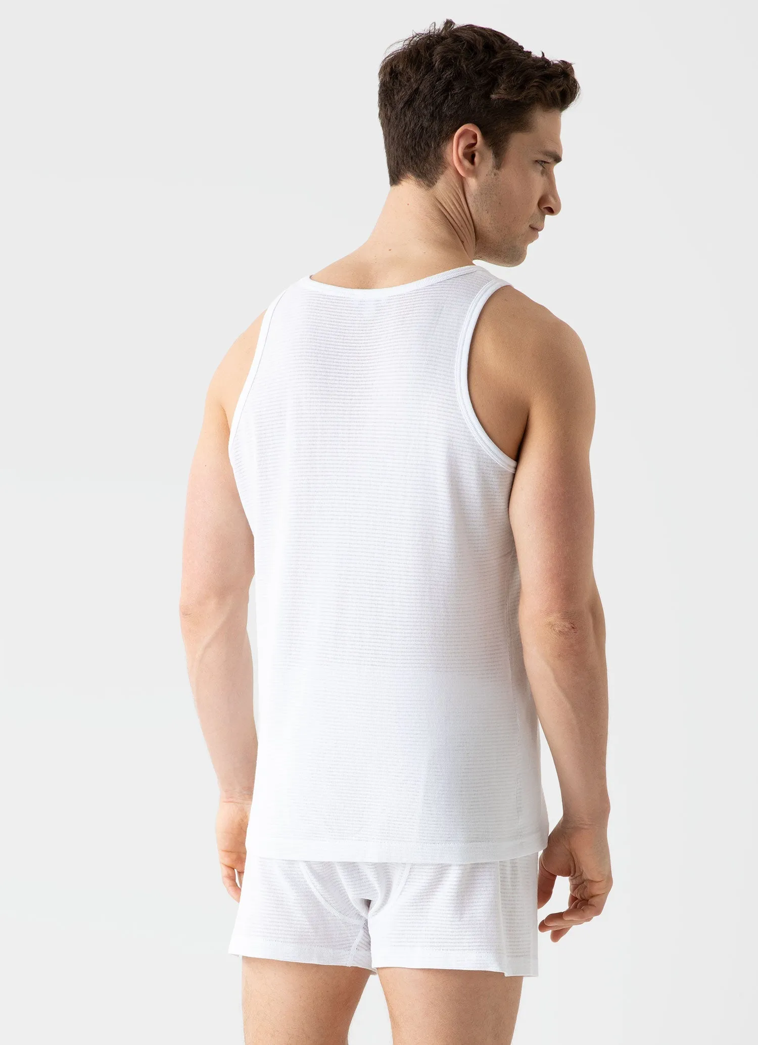 Men's Cellular Cotton Underwear Vest in White Sunspel