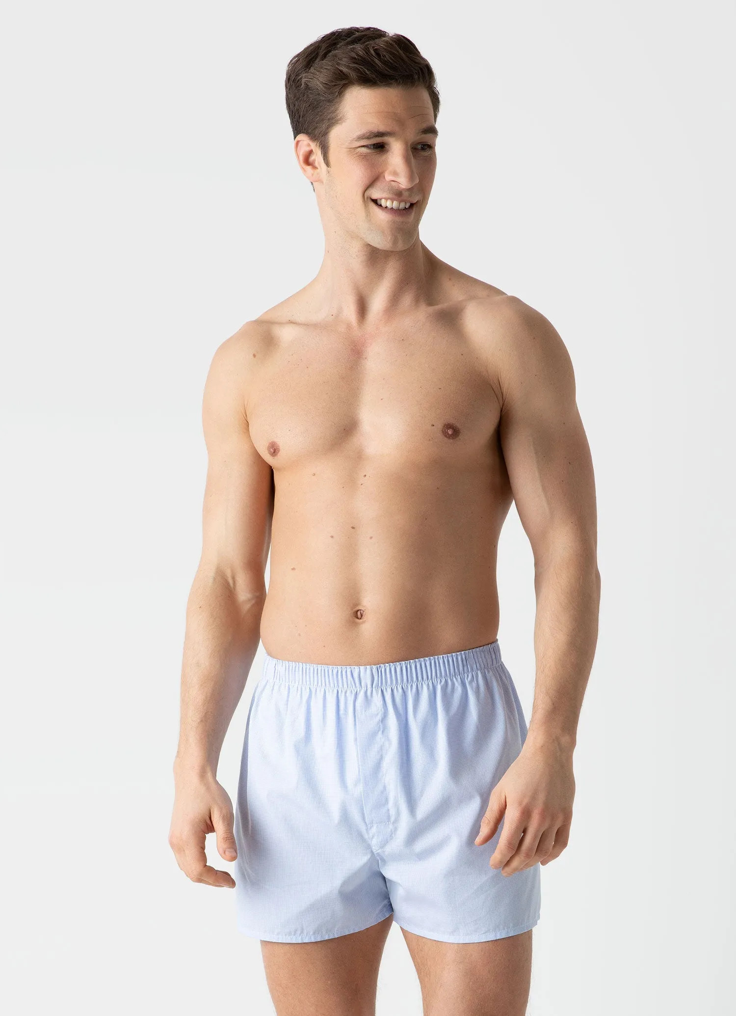 Men's Classic Boxer Shorts in Light Blue Micro Gingham Sunspel