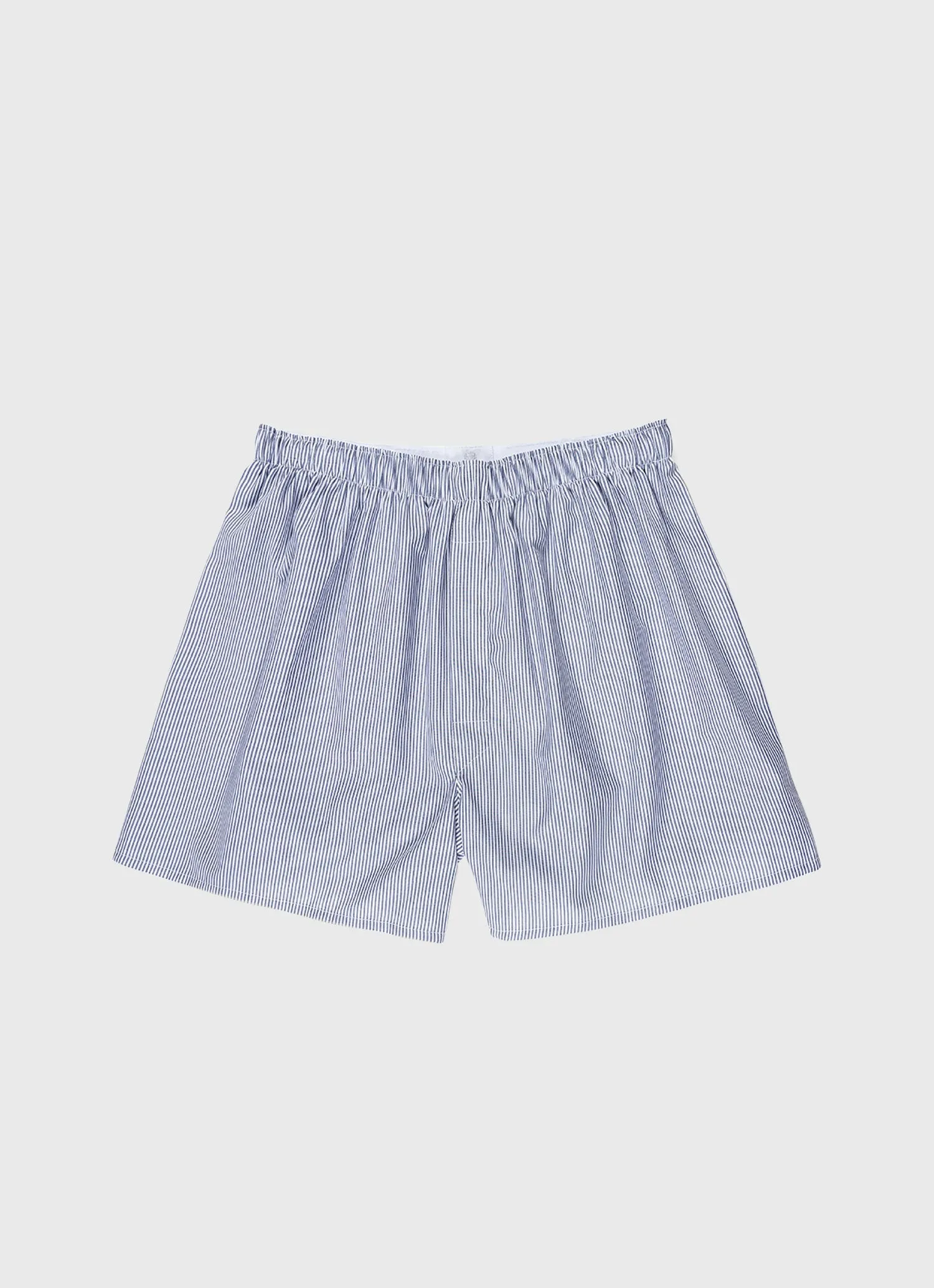 Men's Classic Boxer Shorts in White/Navy Pinstripe Sunspel