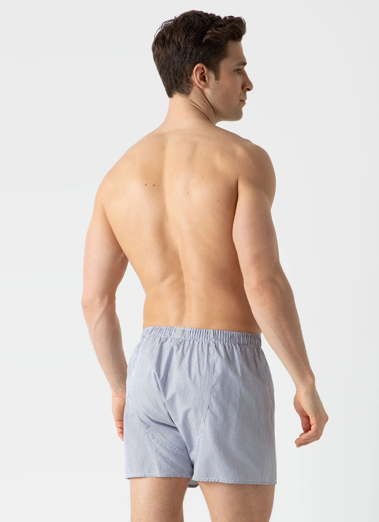 Men's Classic Boxer Shorts in White/Navy Pinstripe Sunspel