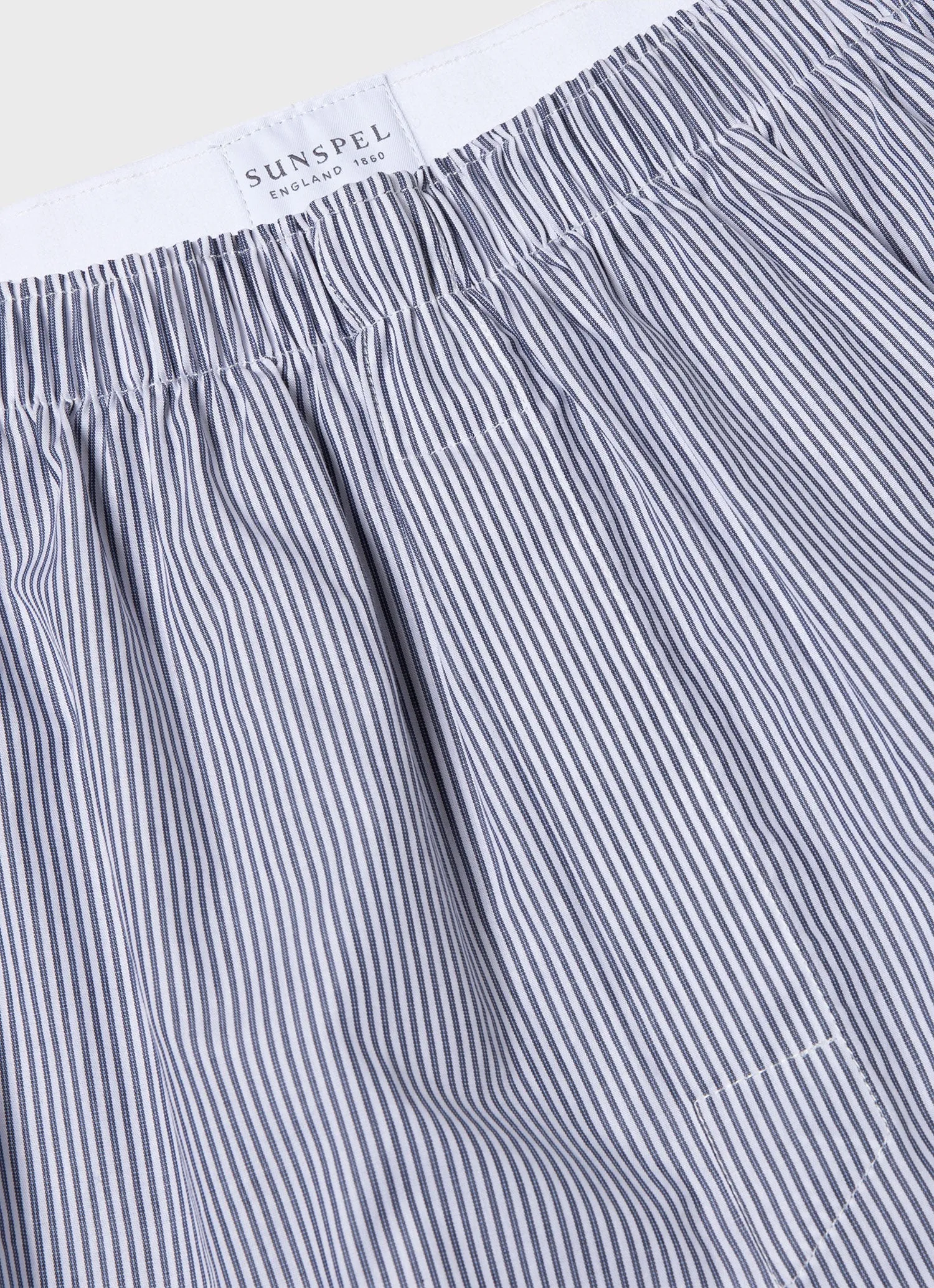 Men's Classic Boxer Shorts in White/Navy Pinstripe Sunspel