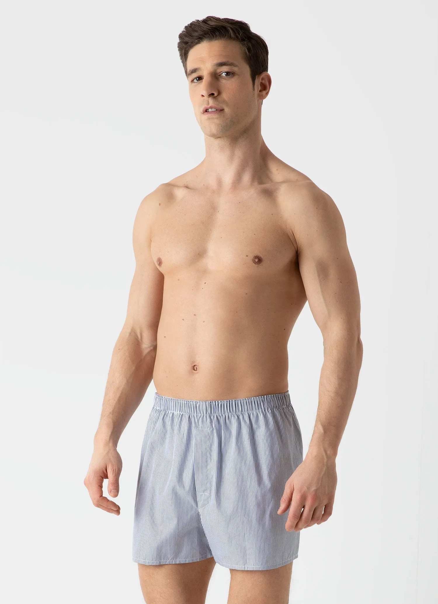 Men's Classic Boxer Shorts in White/Navy Pinstripe Sunspel