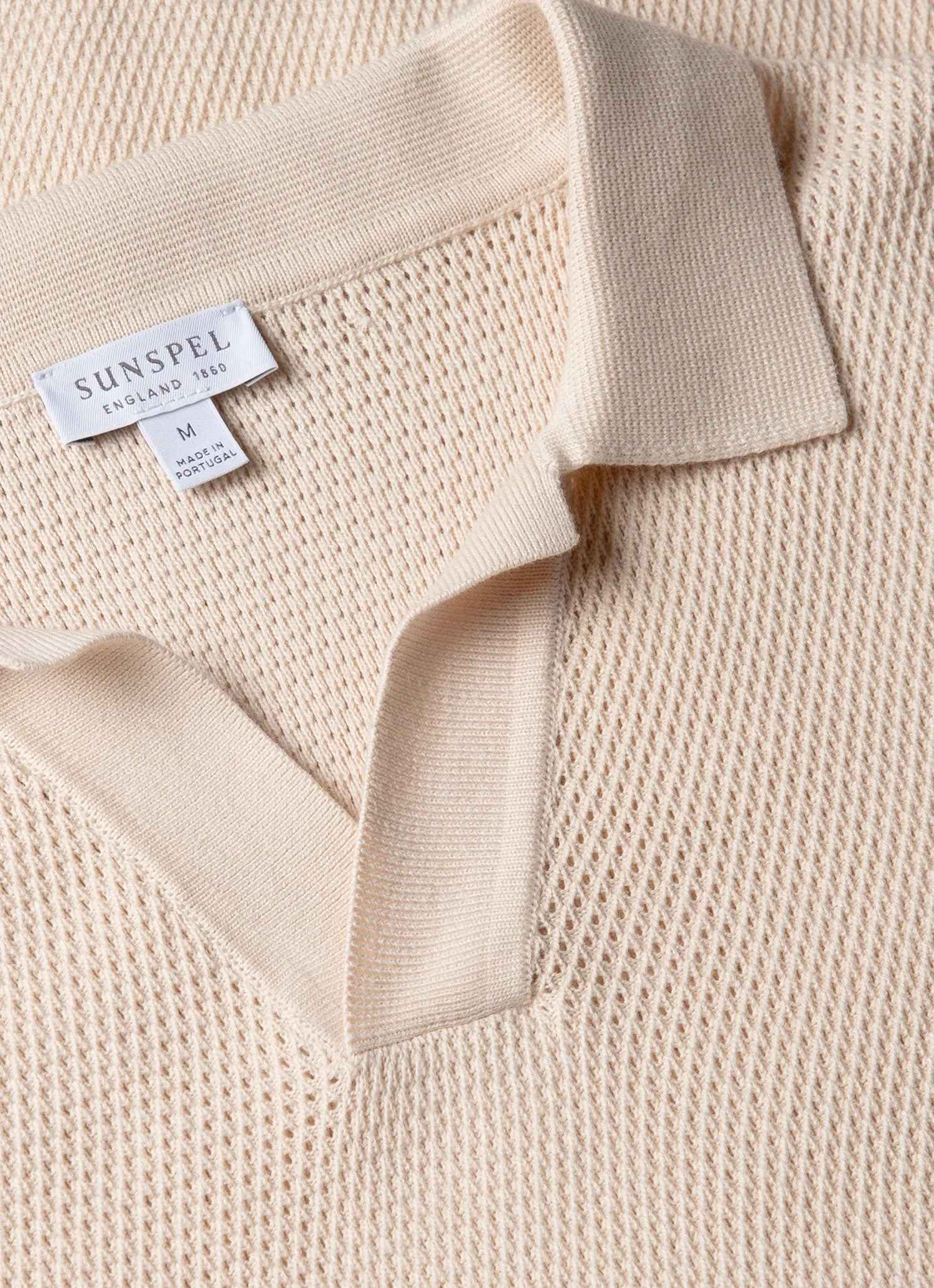 Men's Compact Mesh Knit Polo Shirt in Ecru Sunspel
