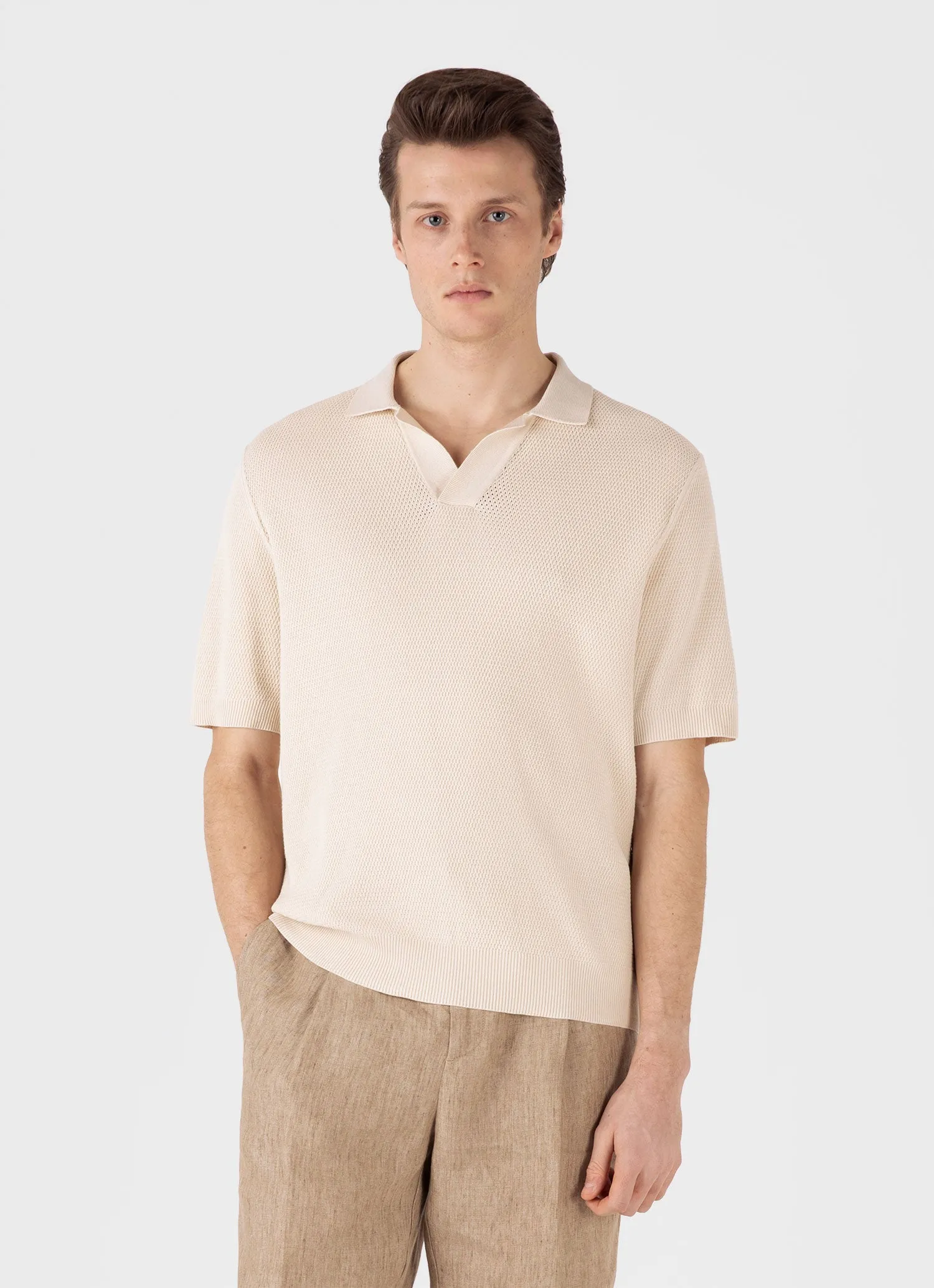 Men's Compact Mesh Knit Polo Shirt in Ecru Sunspel