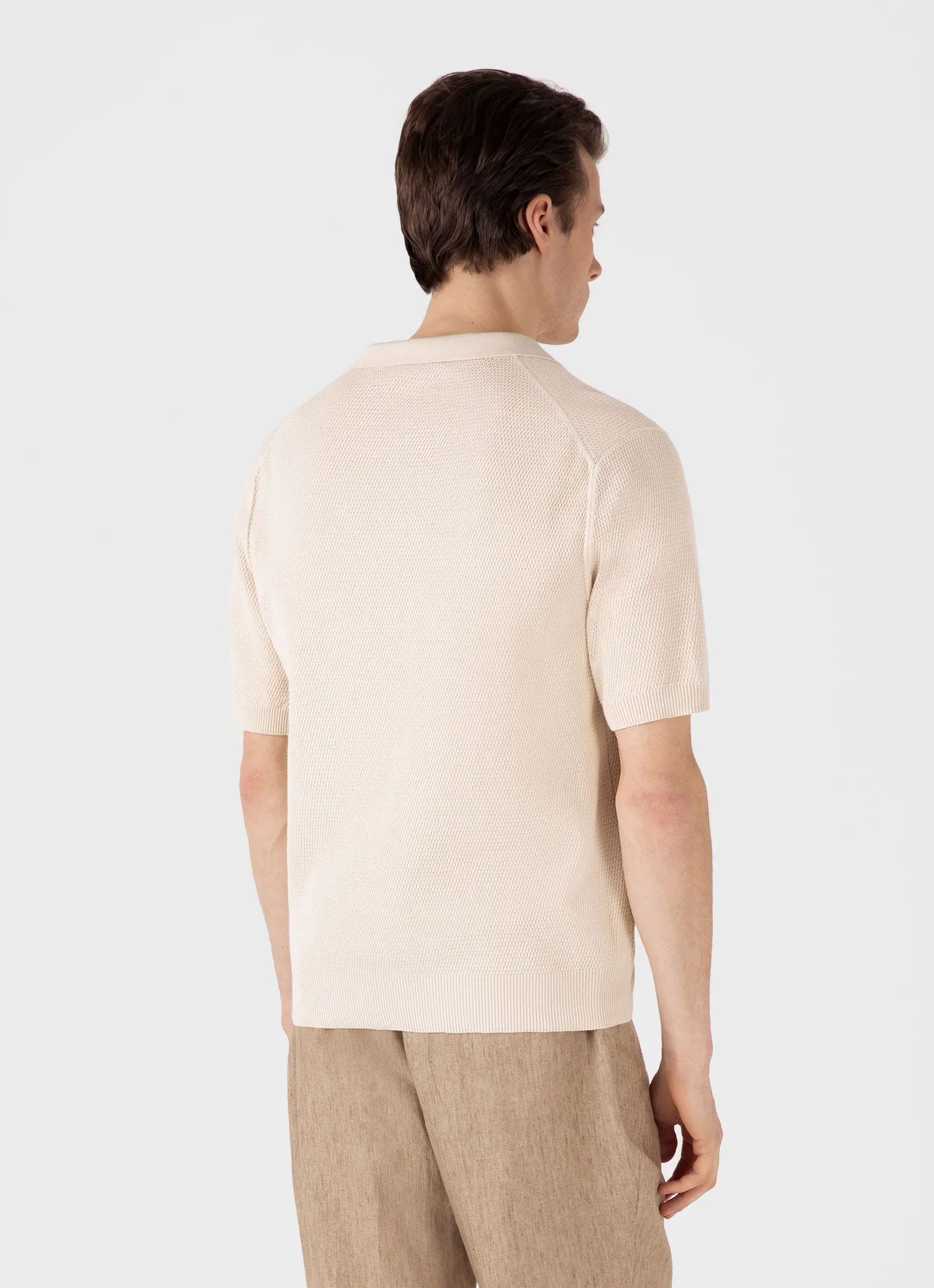 Men's Compact Mesh Knit Polo Shirt in Ecru Sunspel