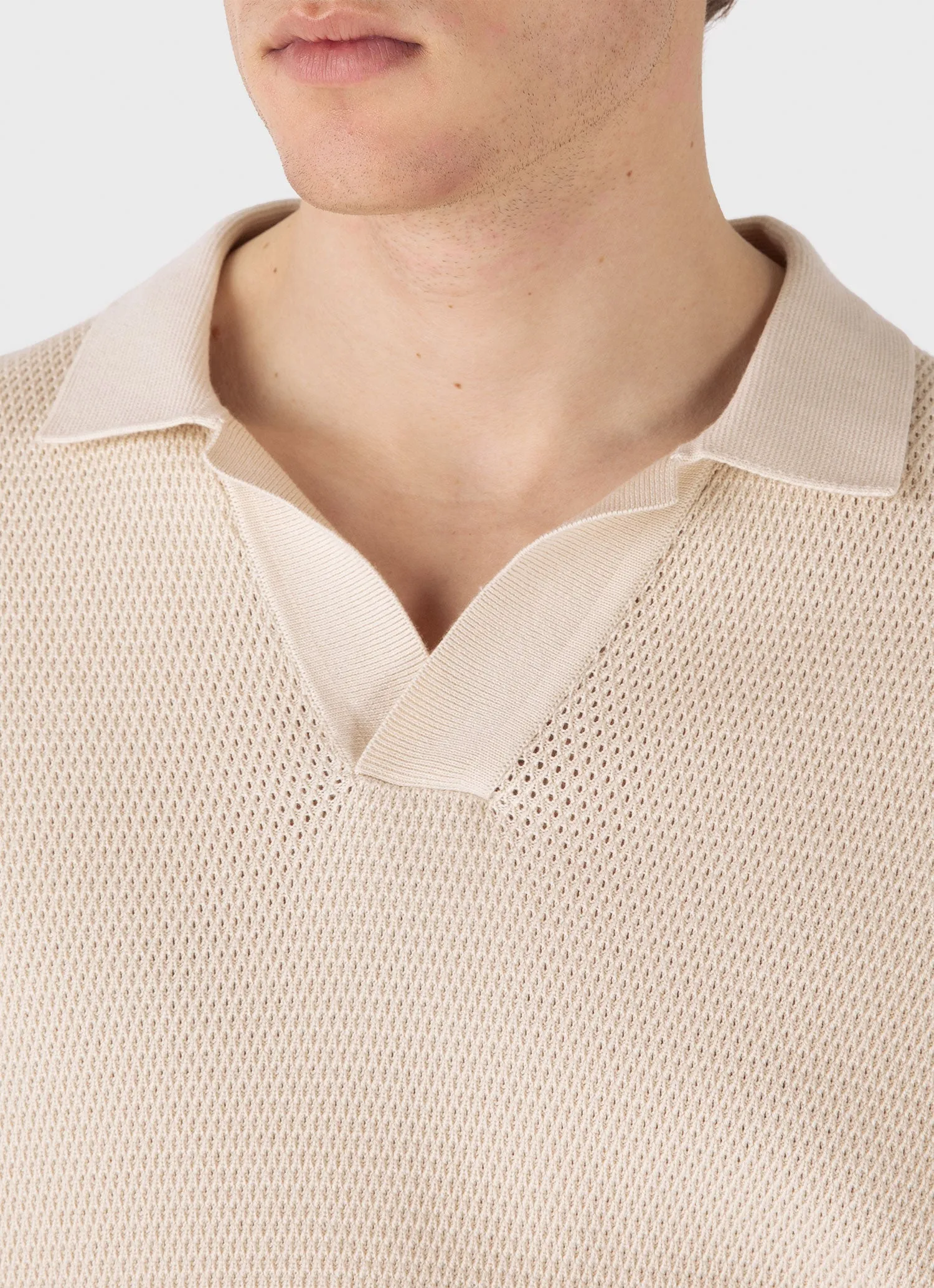 Men's Compact Mesh Knit Polo Shirt in Ecru Sunspel