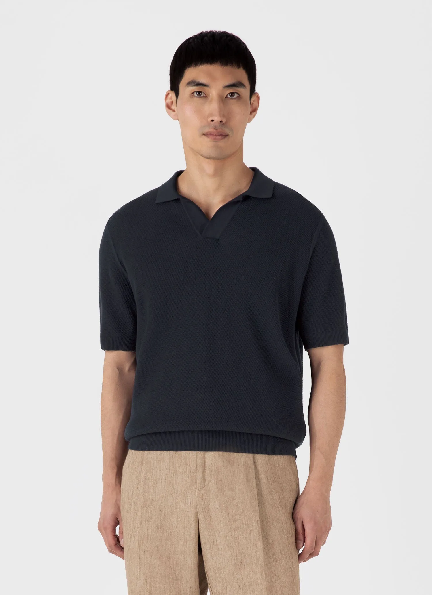 Men's Compact Mesh Knit Polo Shirt in Navy Sunspel