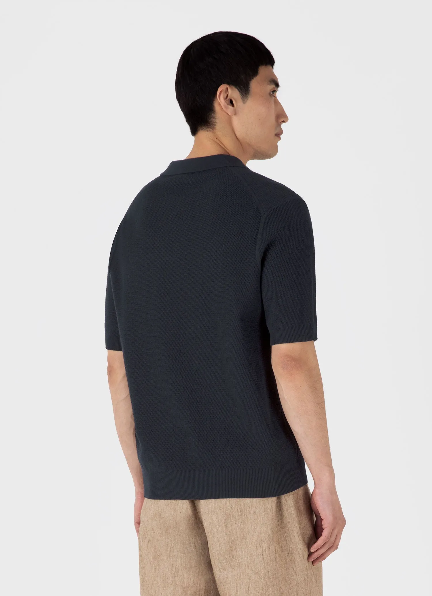 Men's Compact Mesh Knit Polo Shirt in Navy Sunspel