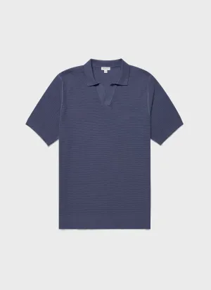 Men's Compact Mesh Knit Polo Shirt in Soft Denim Sunspel