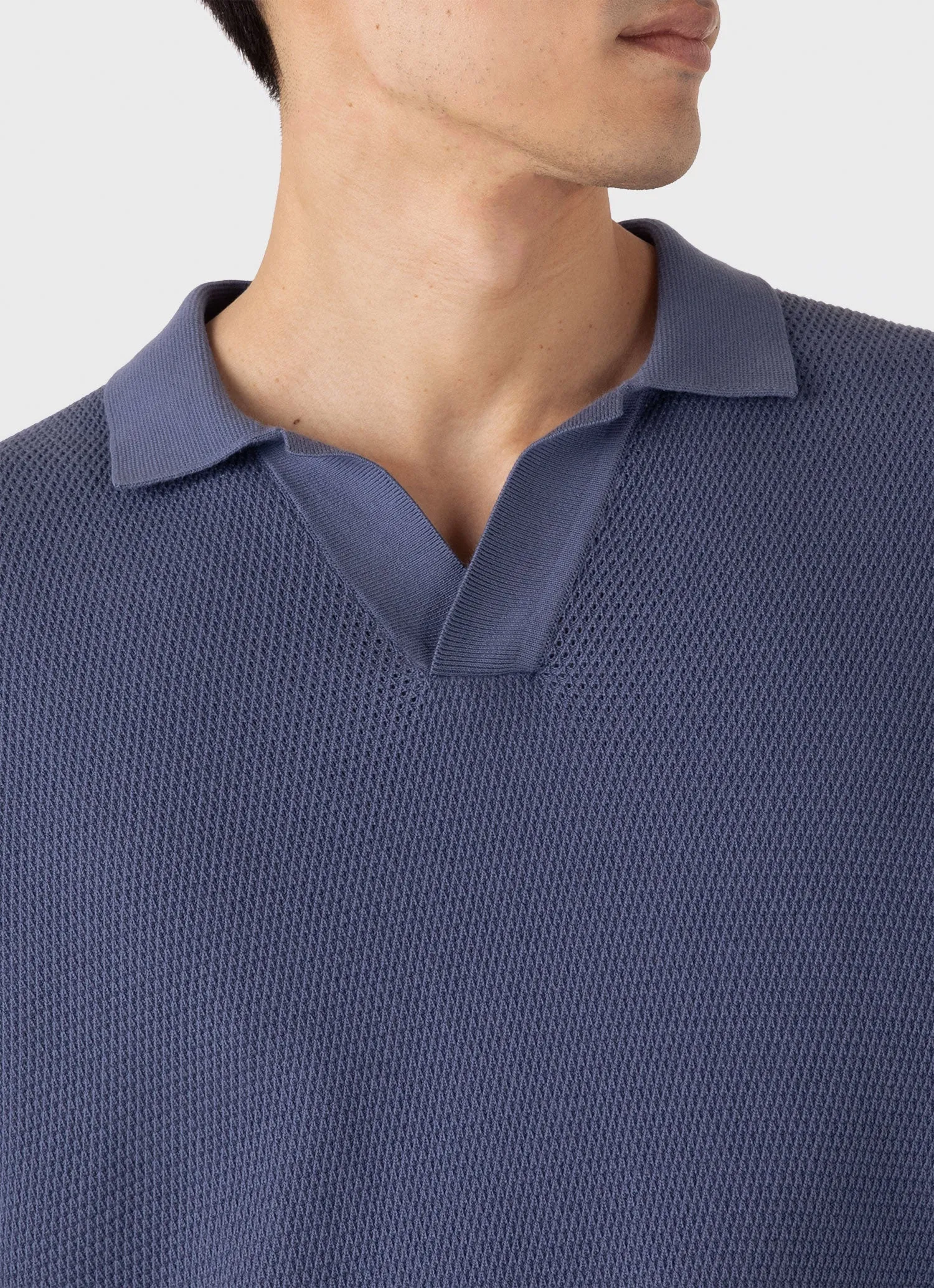 Men's Compact Mesh Knit Polo Shirt in Soft Denim Sunspel