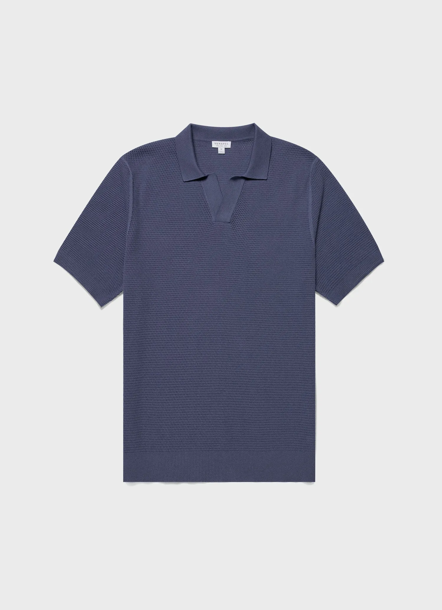 Men's Compact Mesh Knit Polo Shirt in Soft Denim Sunspel