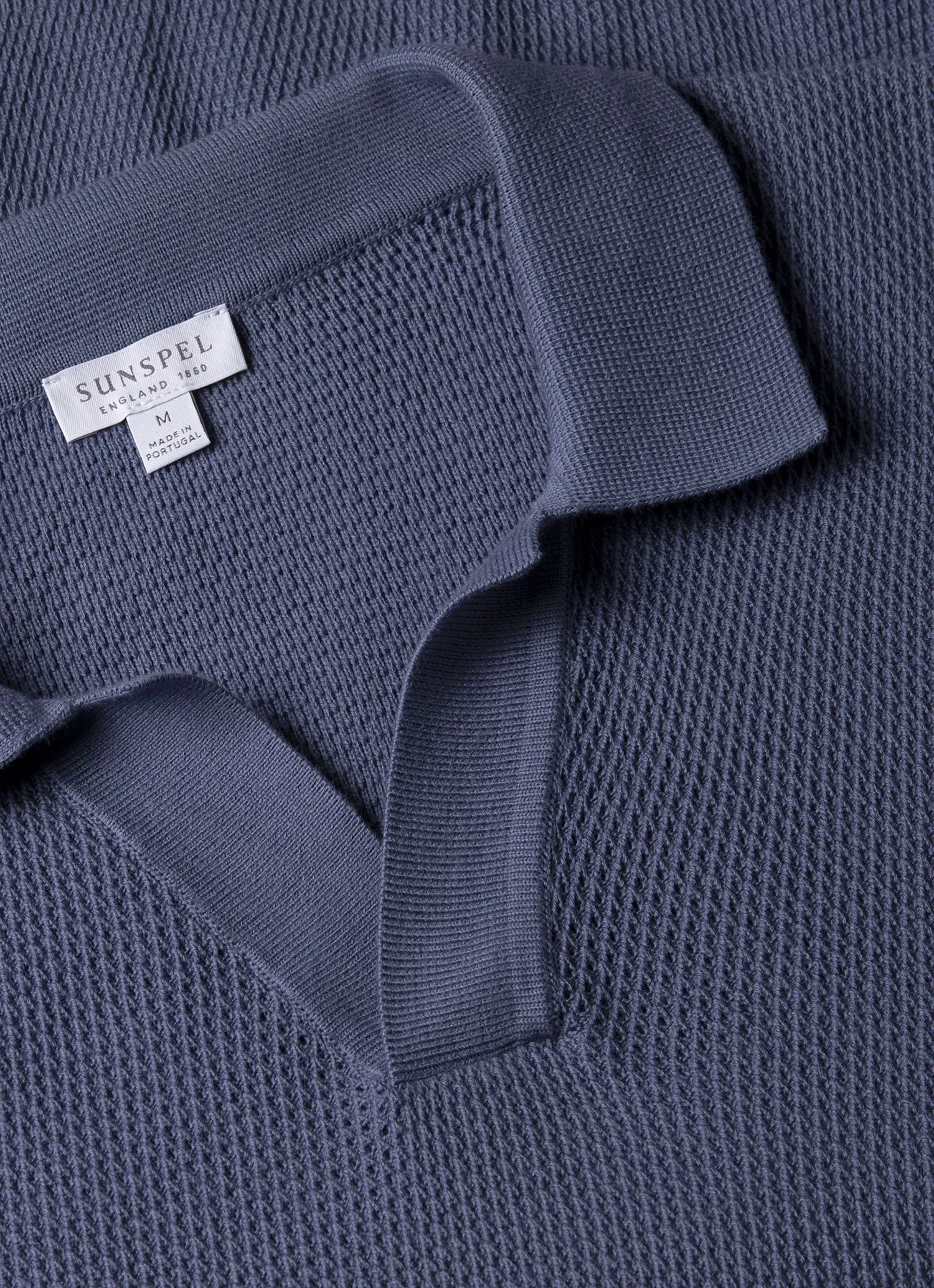 Men's Compact Mesh Knit Polo Shirt in Soft Denim Sunspel