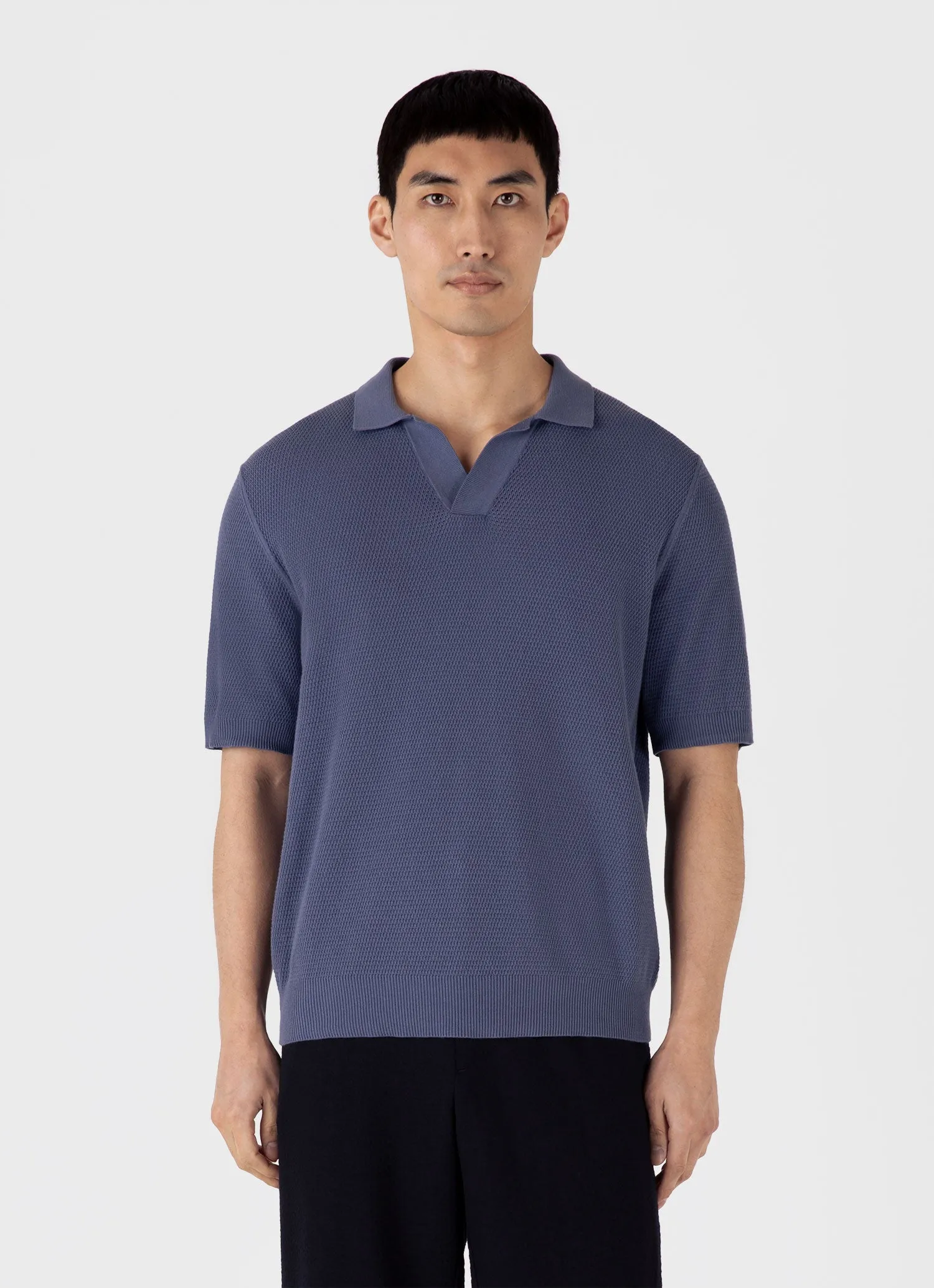 Men's Compact Mesh Knit Polo Shirt in Soft Denim Sunspel