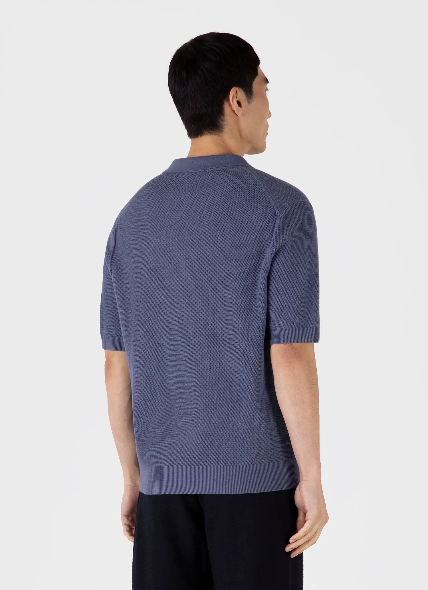 Men's Compact Mesh Knit Polo Shirt in Soft Denim Sunspel