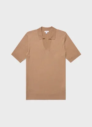 Men's Fine Rib Silk Cotton Polo Shirt in Dune Sunspel