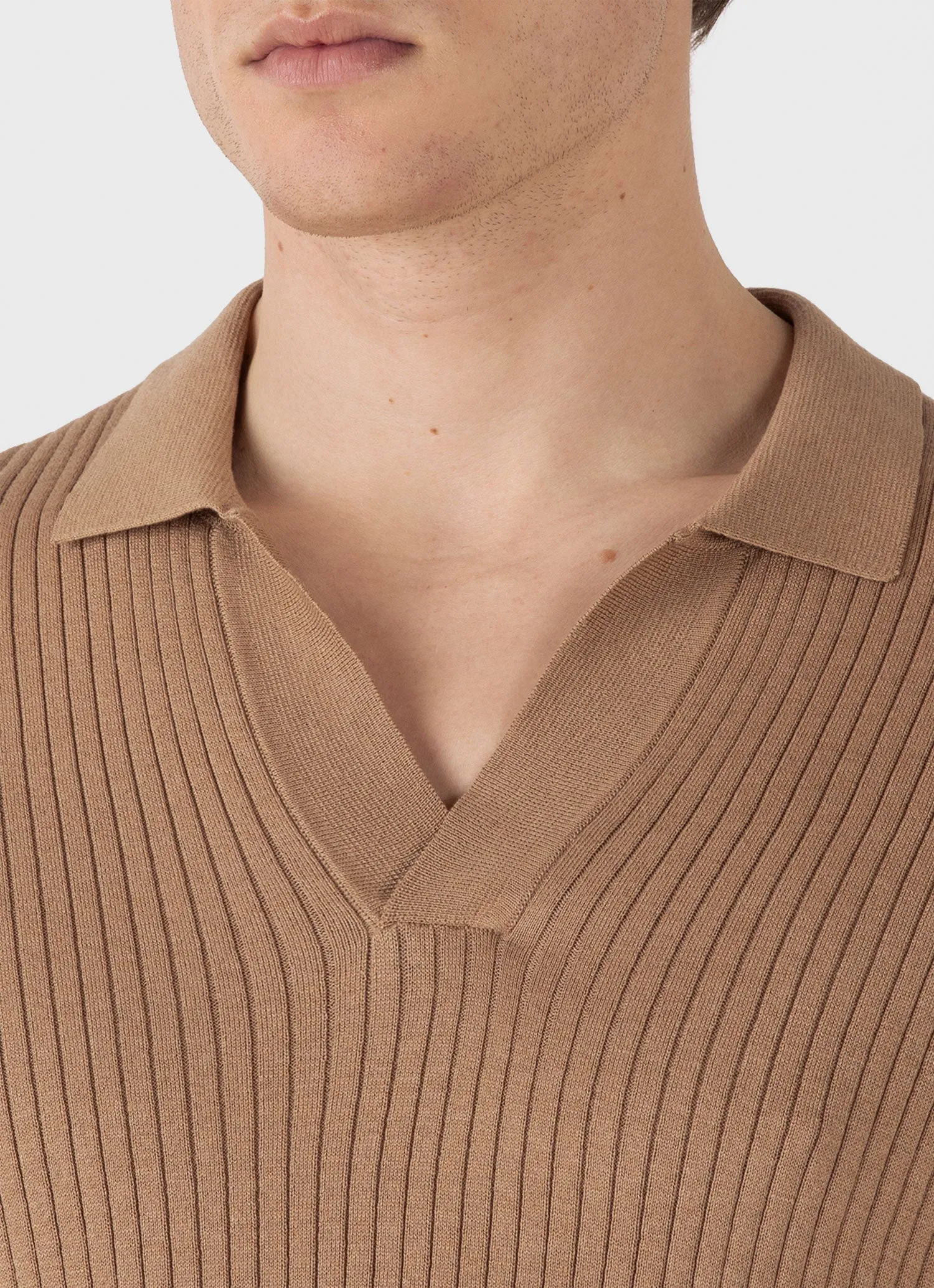 Men's Fine Rib Silk Cotton Polo Shirt in Dune Sunspel