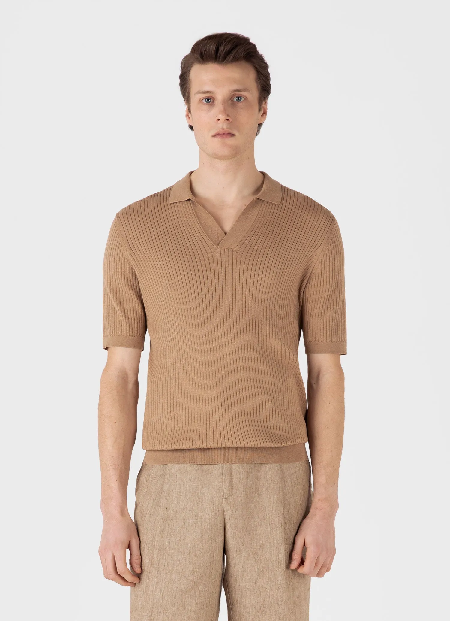 Men's Fine Rib Silk Cotton Polo Shirt in Dune Sunspel